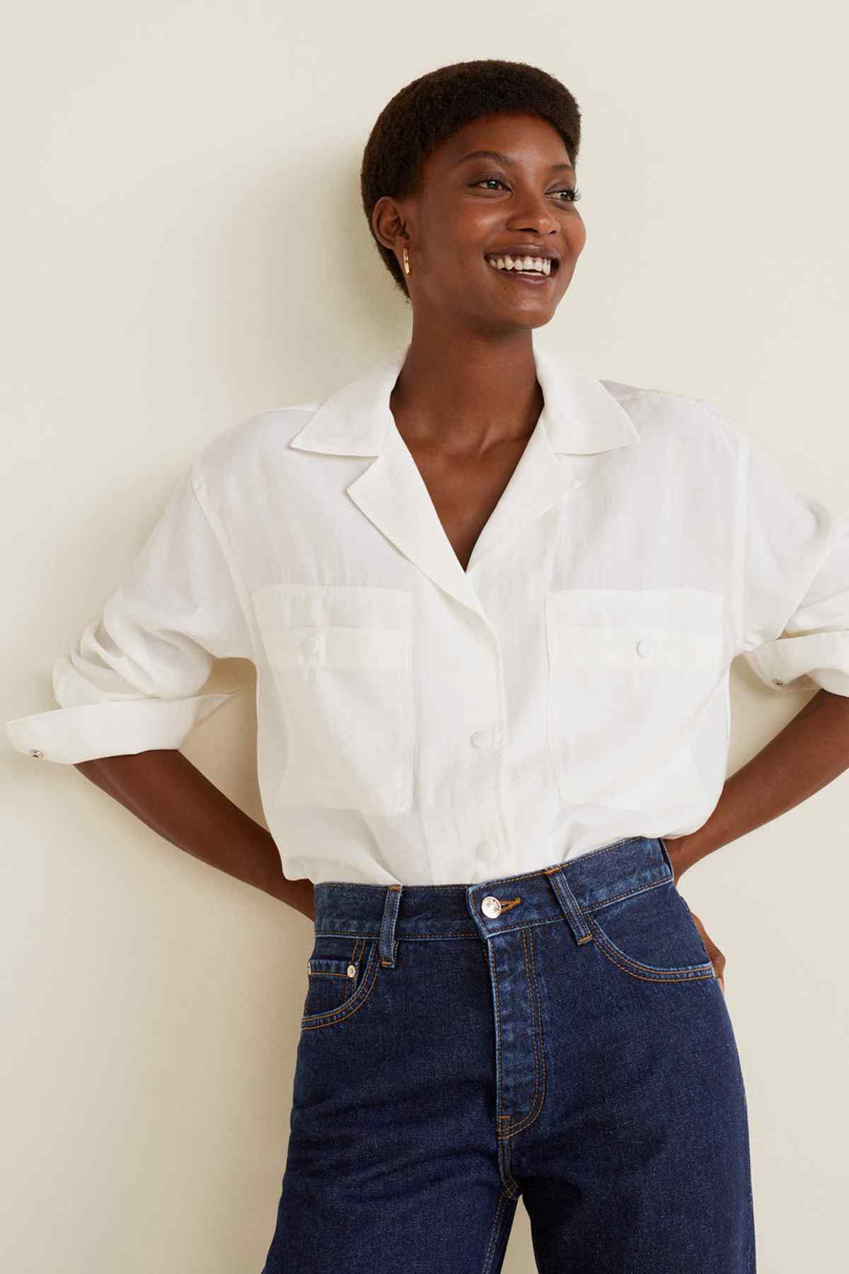 Open Blue dark wash cropped jeans with button fly, belt loops, and patch pockets