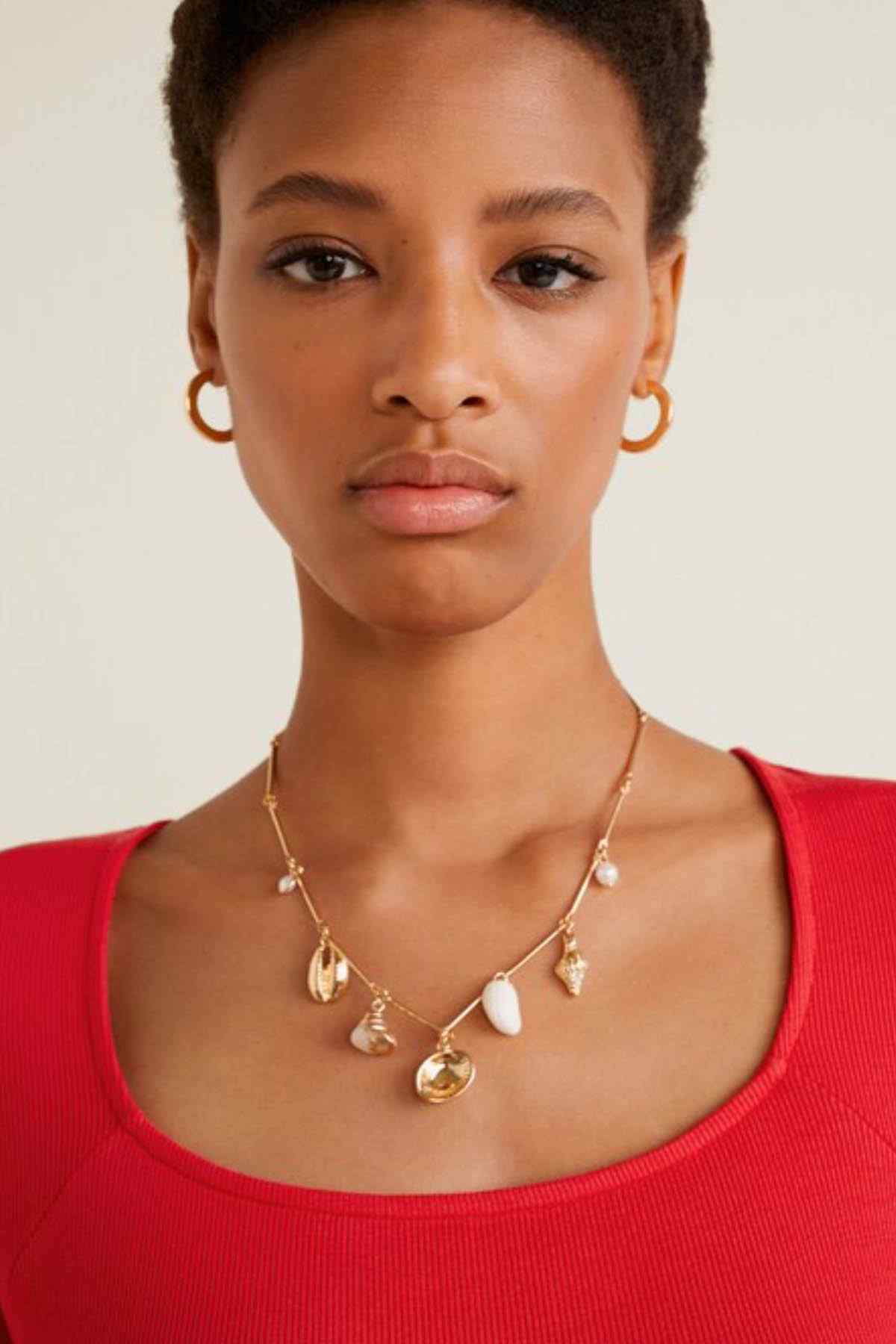 Red scoop-neck knit dress with short sleeves, close-up neckline