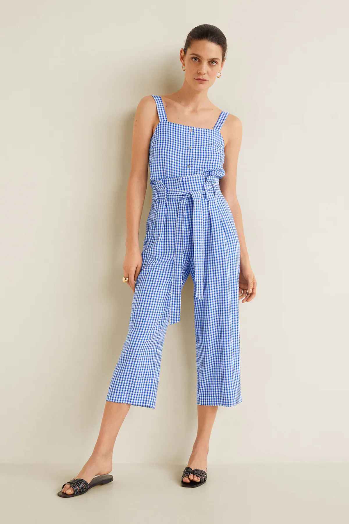 Blue gingham sleeveless jumpsuit with square neckline and cropped wide-leg pants