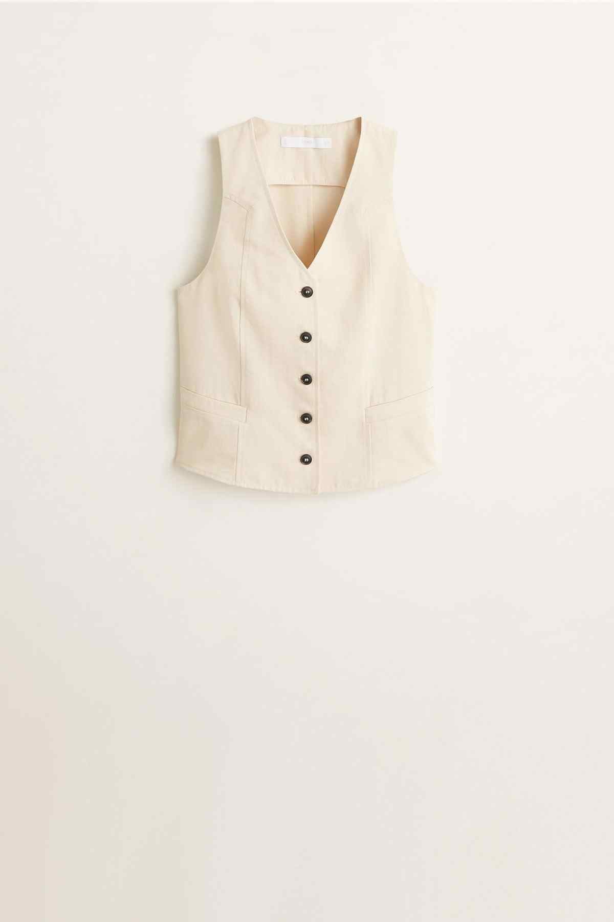 Beige sleeveless vest, V-neck with six-button front, patch pockets
