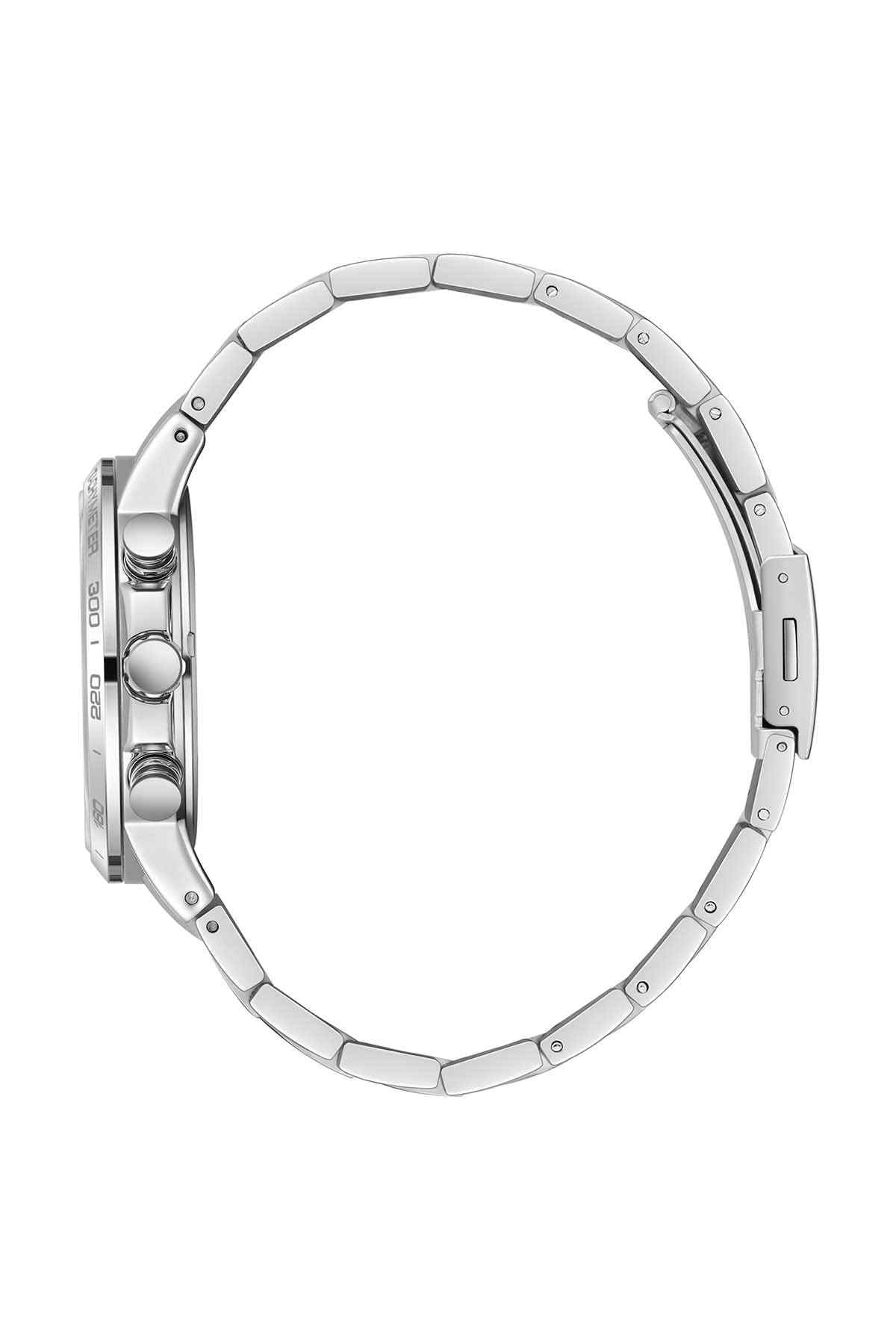 Silver metal watch case side profile with crown and pushers