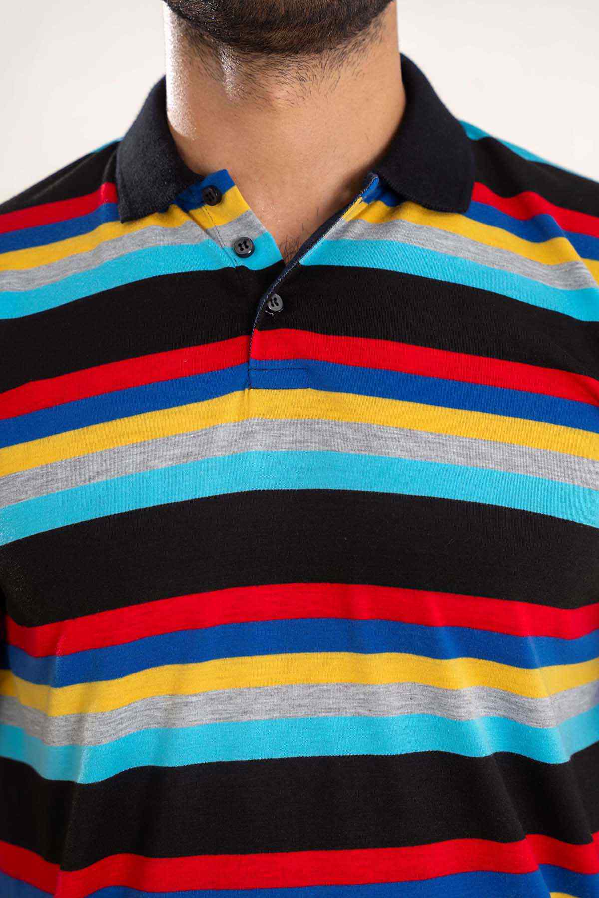 Striped polo shirt collar, dark collar and multicolor horizontal button placket