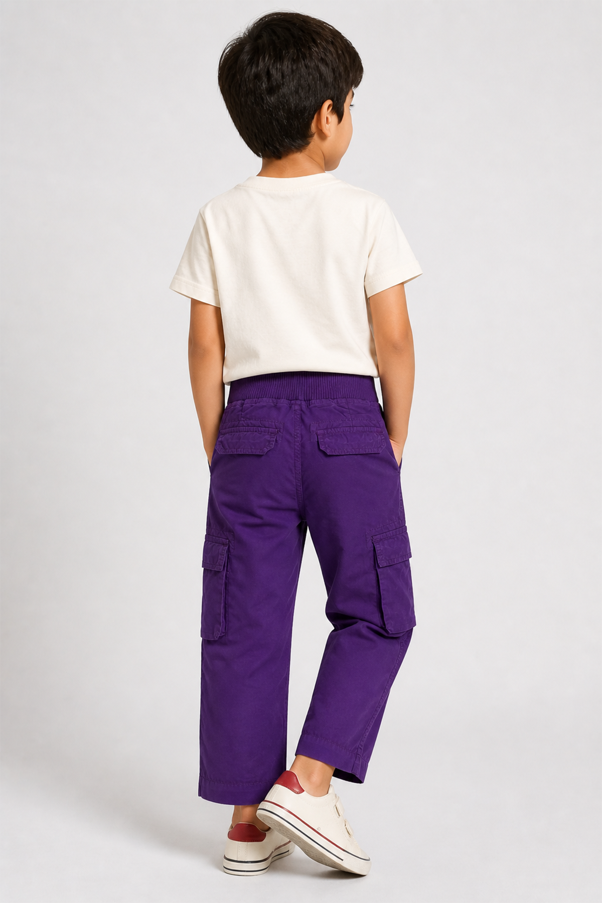 Purple cargo pants with elastic waistband and back cargo pockets