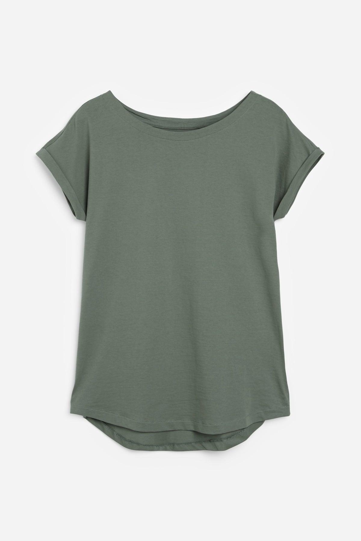 Green short-sleeve T-shirt with crew neck and curved hem