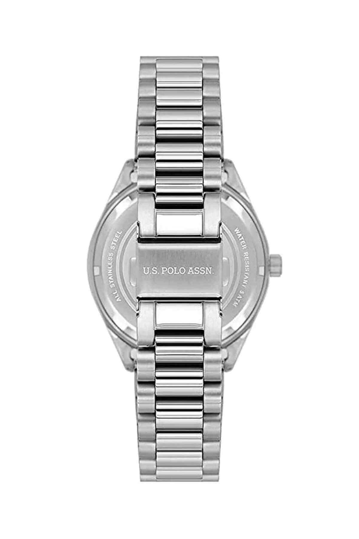 U.S. Polo Assn wristwatch with silver case, bracelet, and dark dial