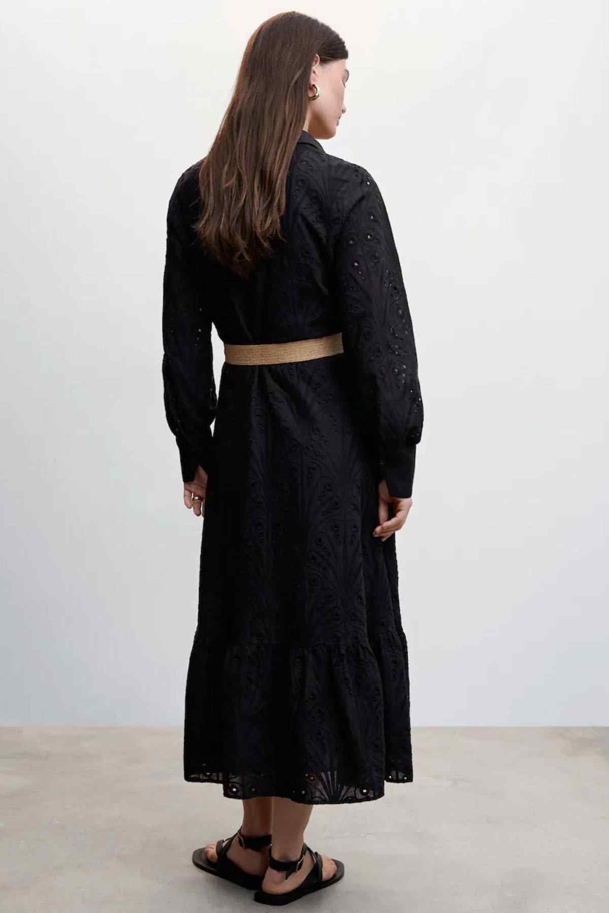 Black long-sleeve shirt dress side view with button front and waist belt