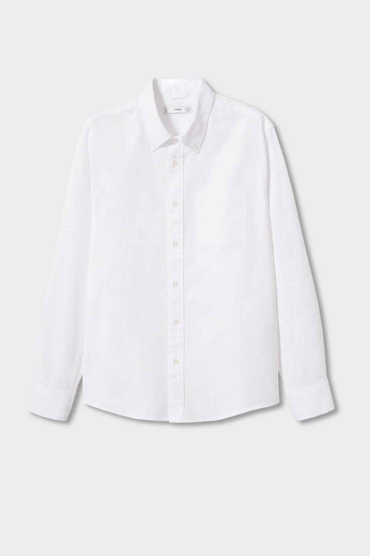White long-sleeve button-up shirt front view with button placket and collar