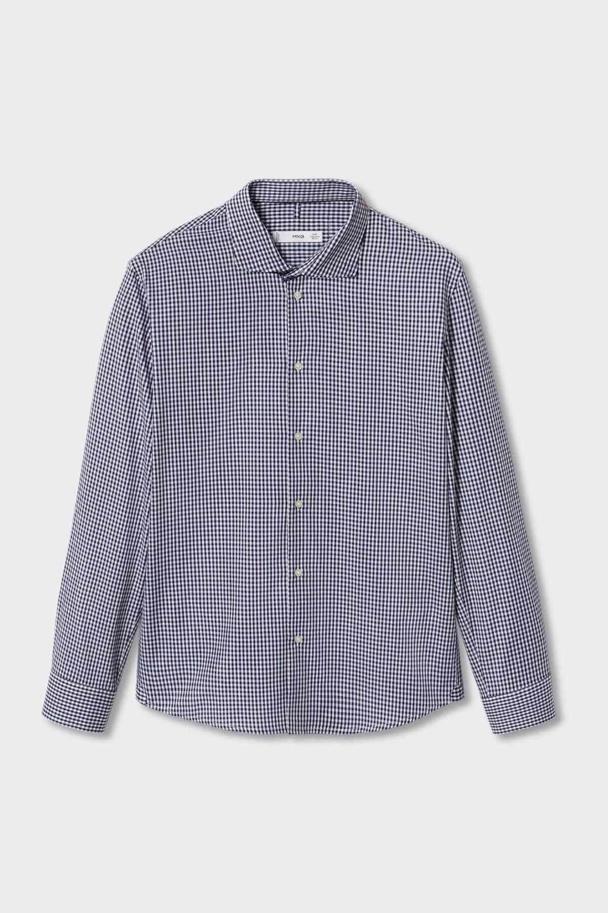 MANGO navy check button-up shirt, front view, long sleeves