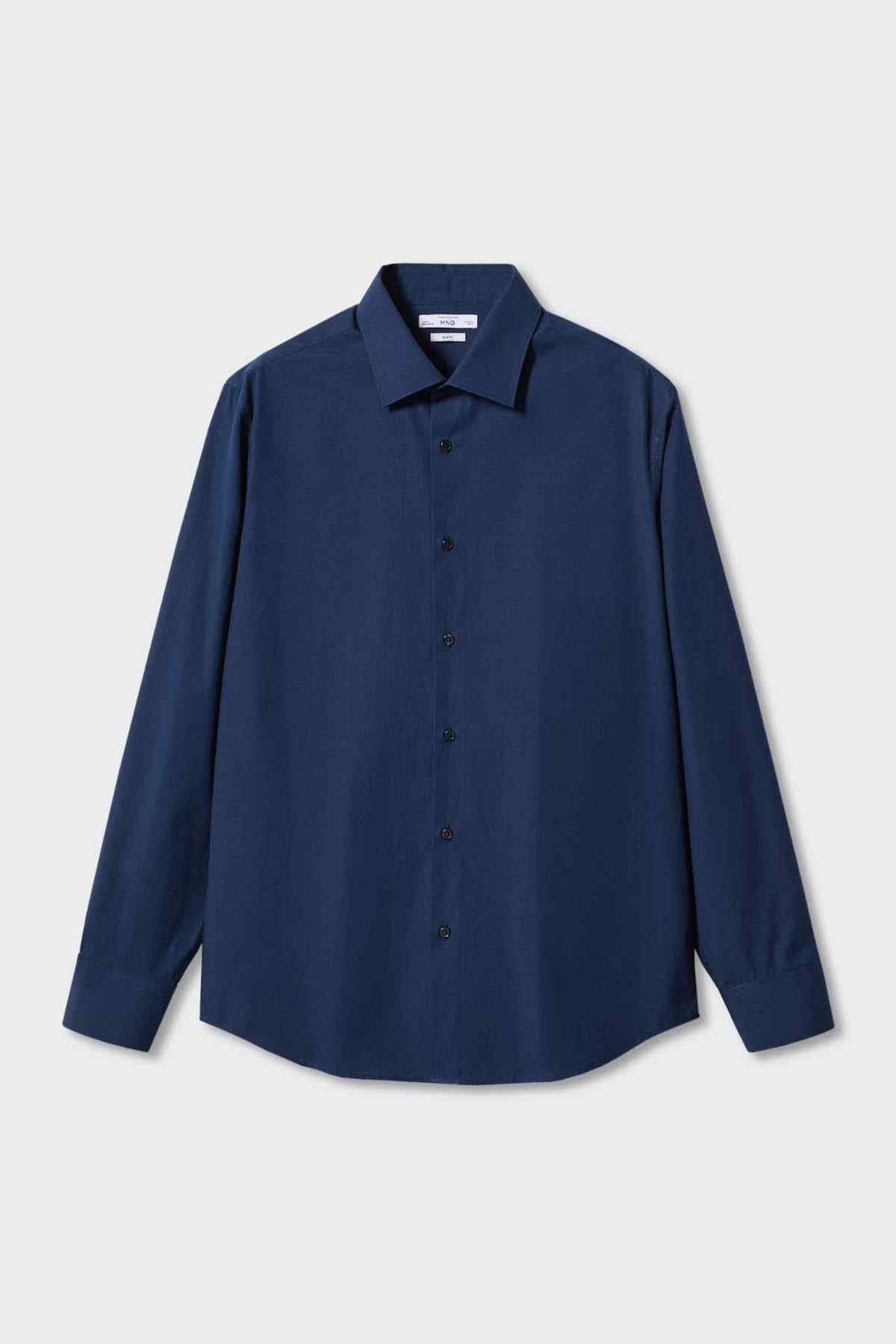 Dark navy button-up shirt, flat lay front view with buttoned placket