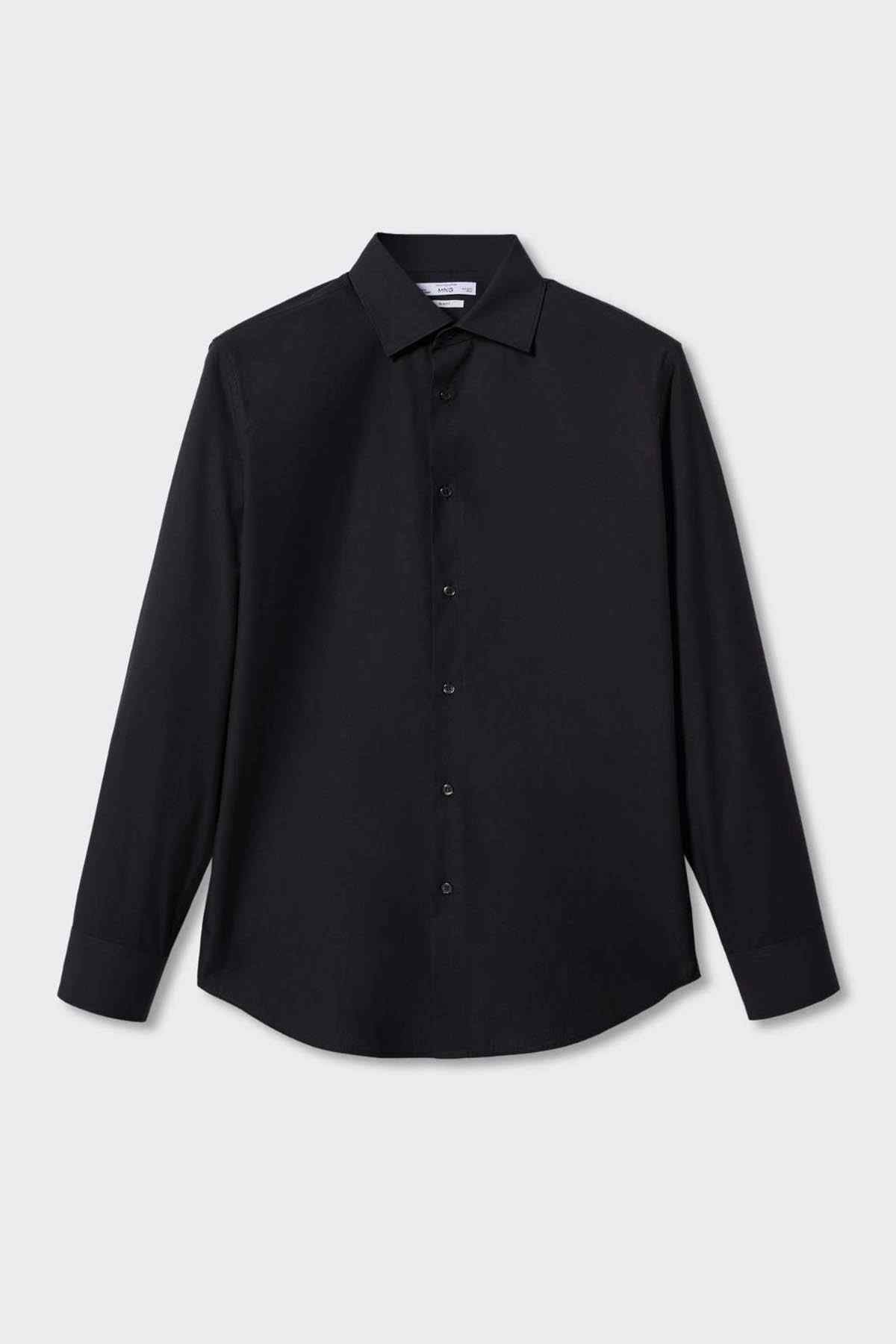 Men's black button-up dress shirt, front view, long sleeves, button closure