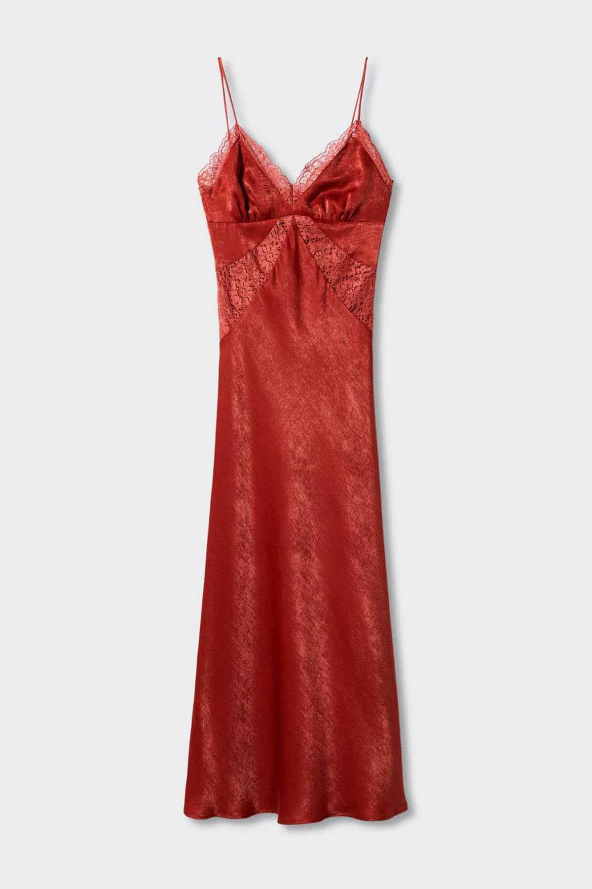 Burgundy satin slip dress with lace V-neck, spaghetti straps, button detail