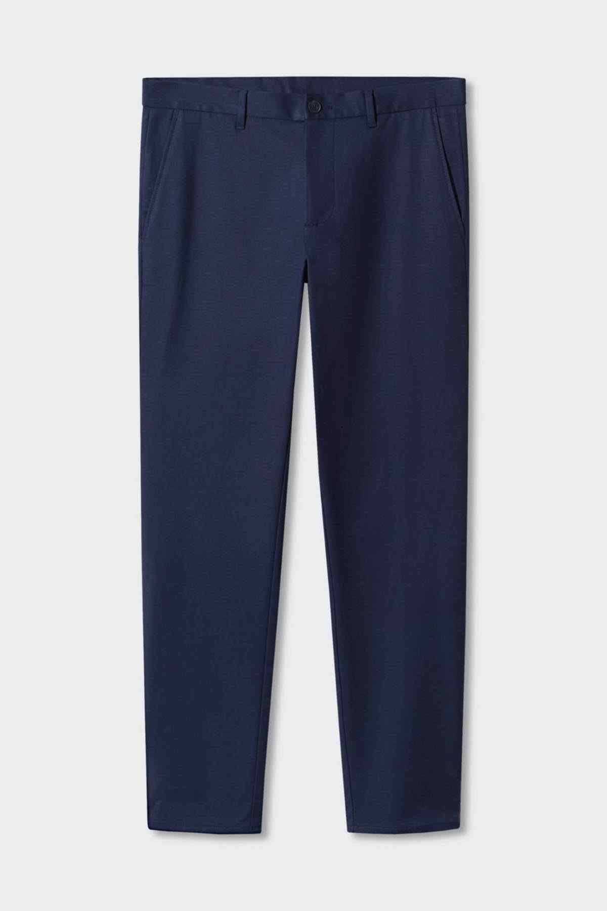 Dark navy trousers front view with belt loops and pleat-free leg