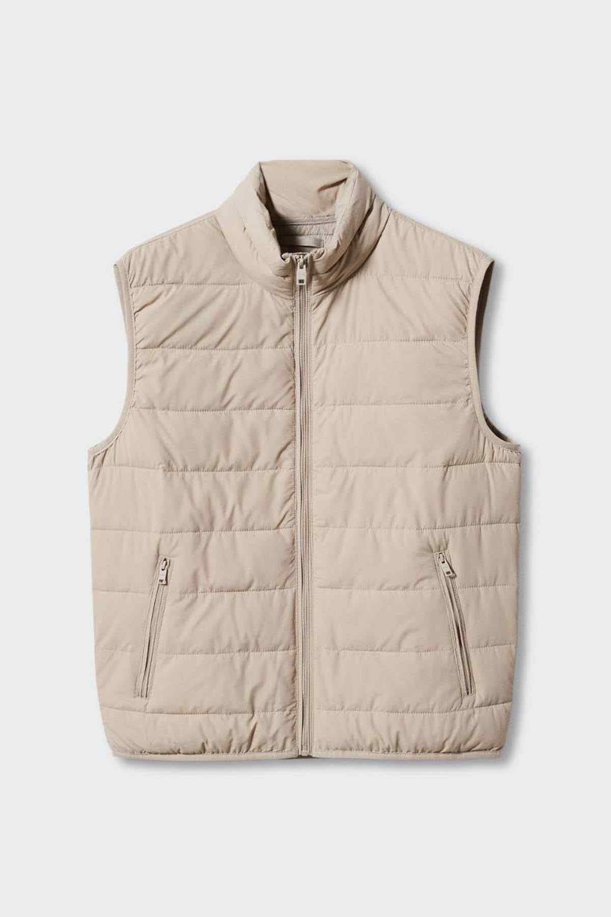 MANGO ice grey padded vest front view with stand collar and two zip pockets