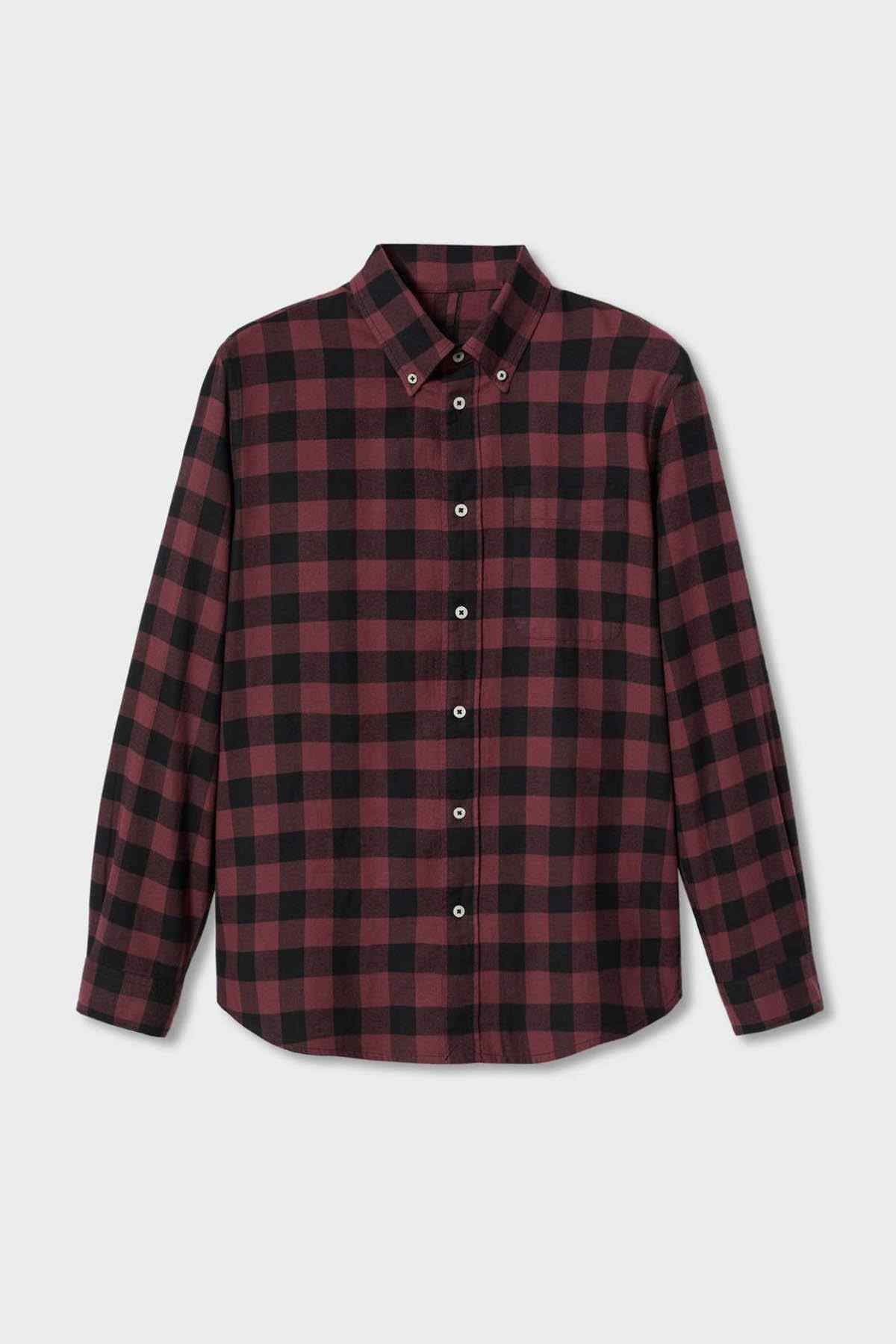 Men's red-and-black plaid button-up shirt with stand collar and long sleeves