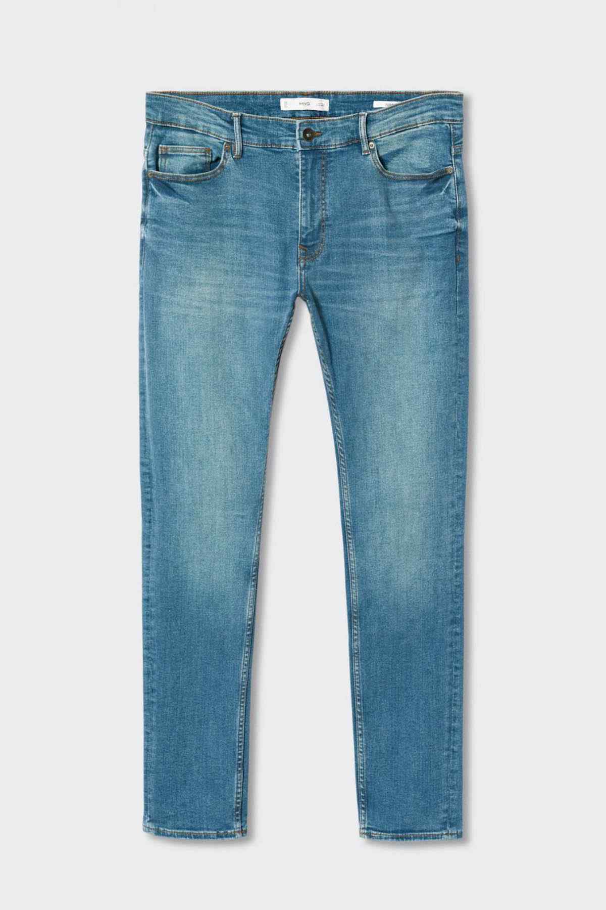Front view of light blue denim jeans with belt loops, two front pockets, straight fit.