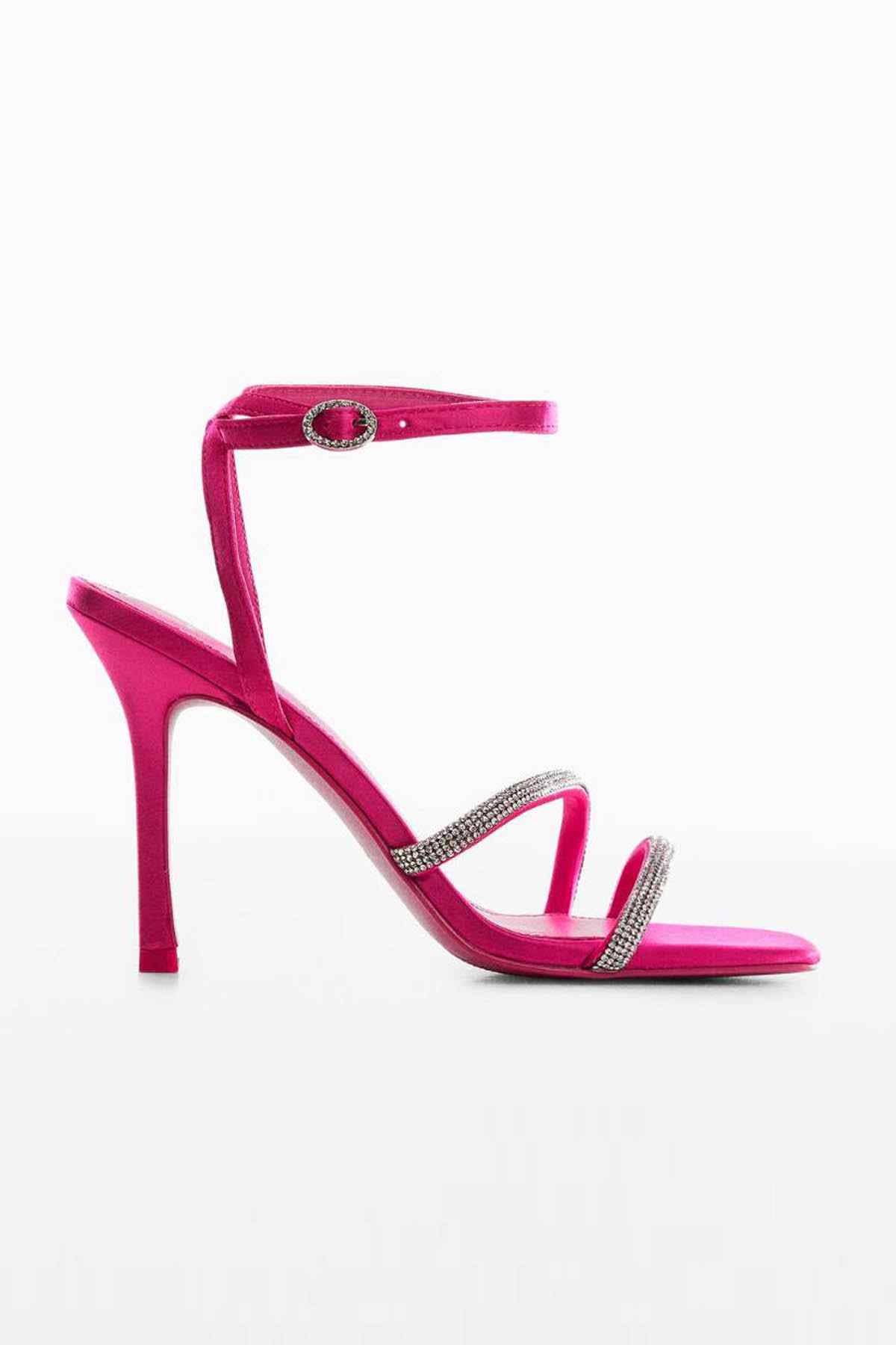 Fuchsia single strap heeled sandal with rhinestone trim