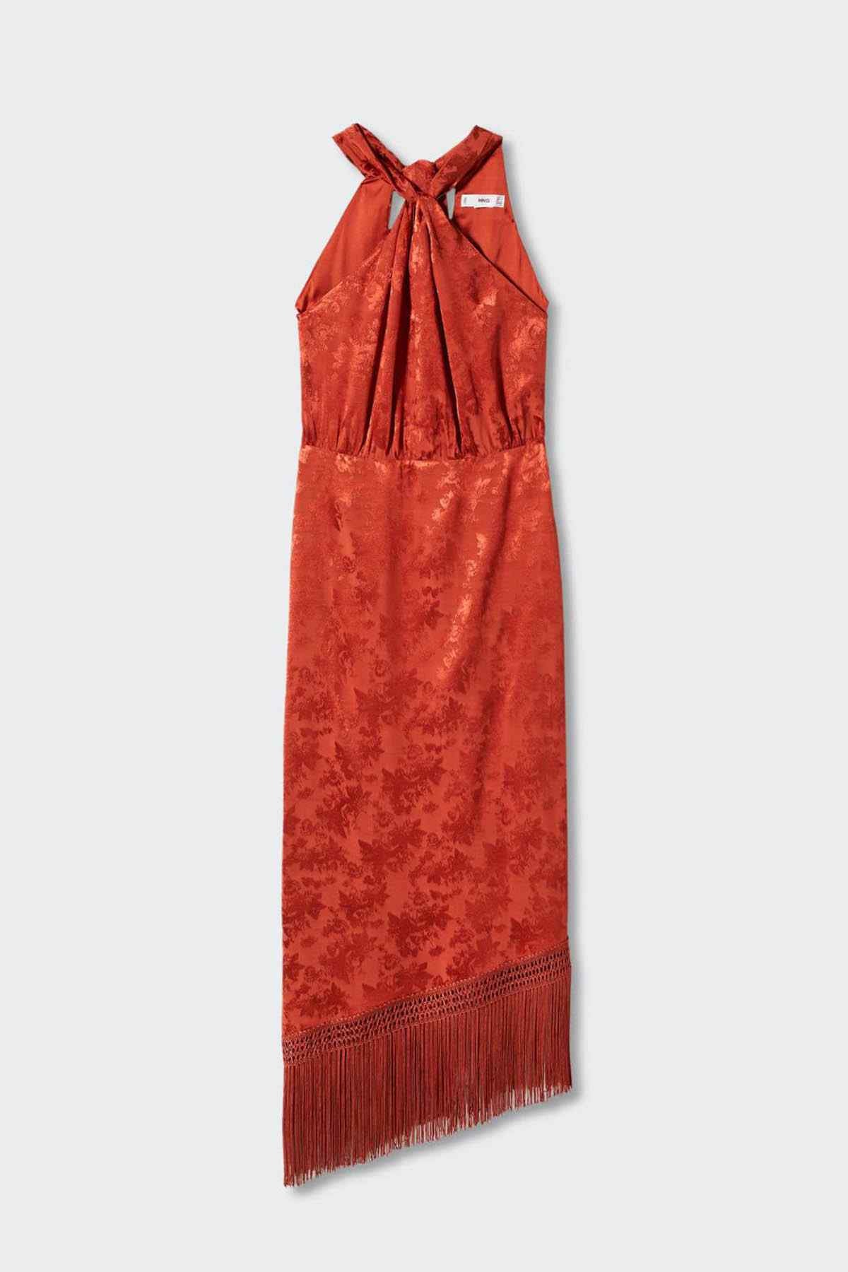Russet halter midi dress with neck bow and fringe hem, flat lay