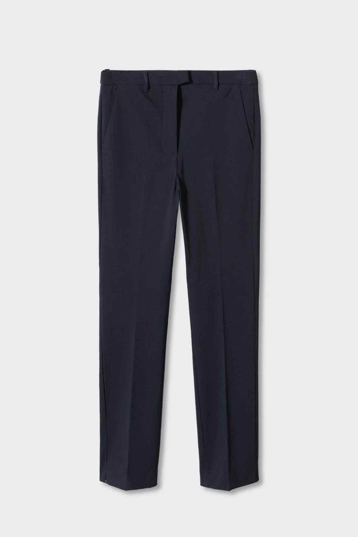 Dark navy flat-front trousers with tapered legs and front crease