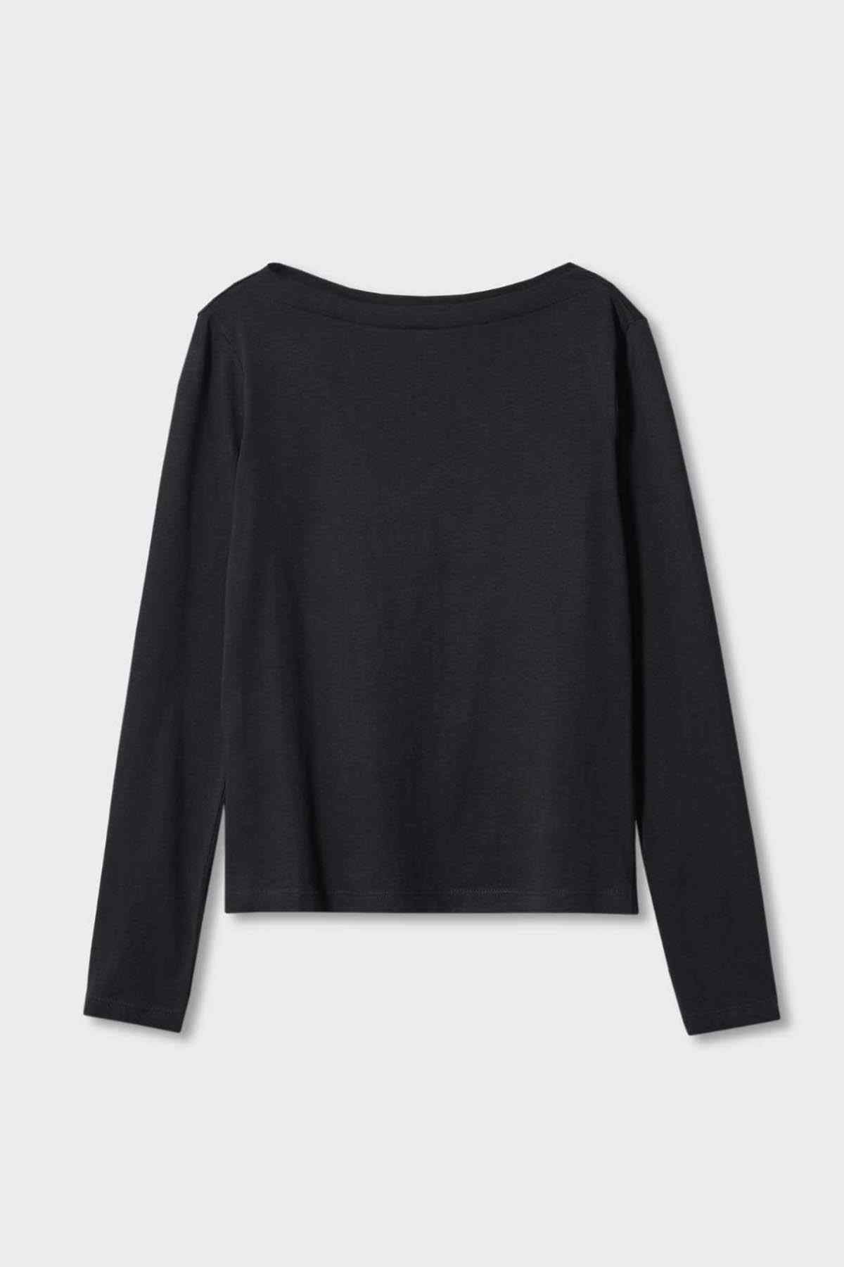Black long-sleeve crew-neck top, flat lay with straight hem