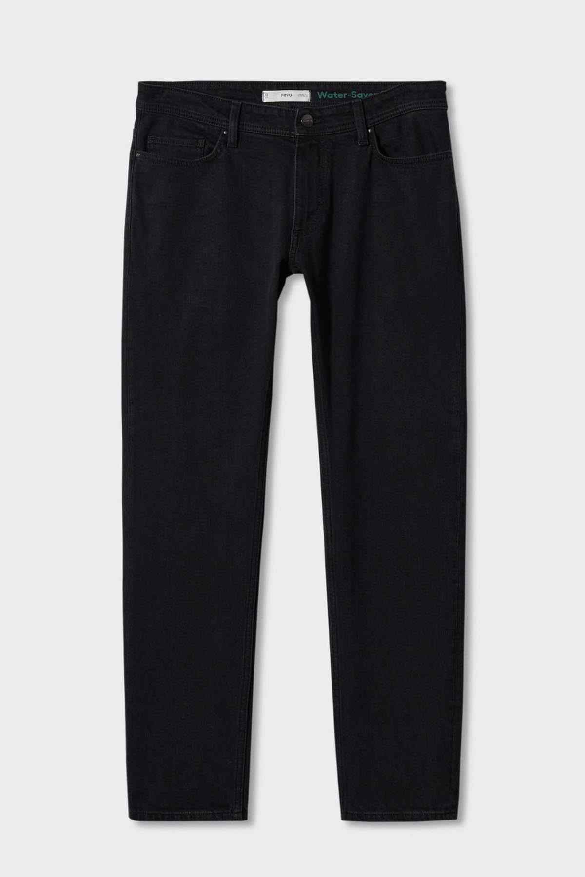 Black denim jeans, straight leg, two rear pockets (flat lay).