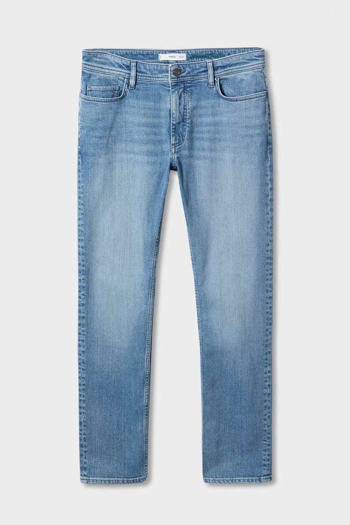 Light blue denim jeans with five-pocket styling, belt loops, and button closure