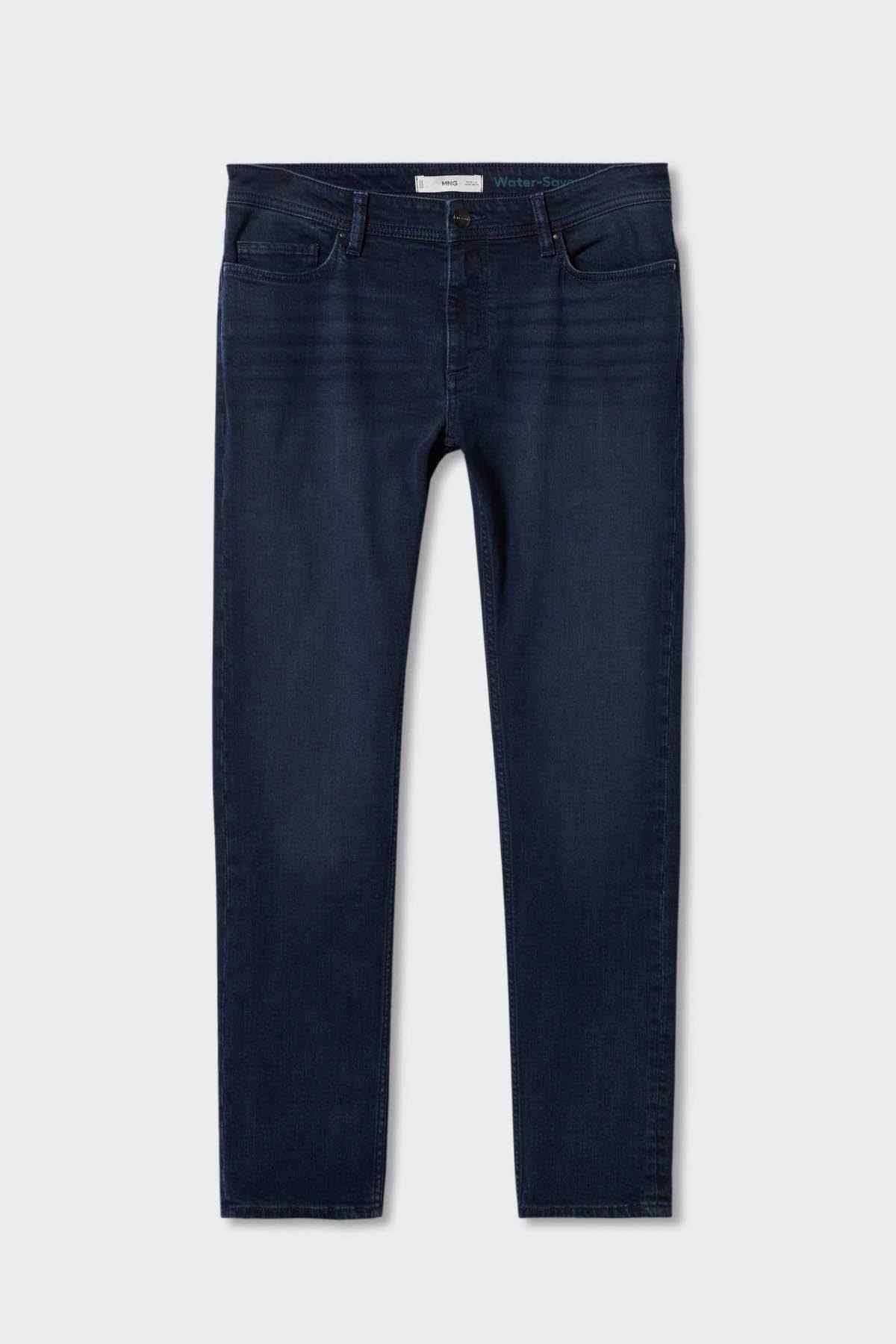 Mango deep dark blue straight jeans, flat lay back view with belt loops