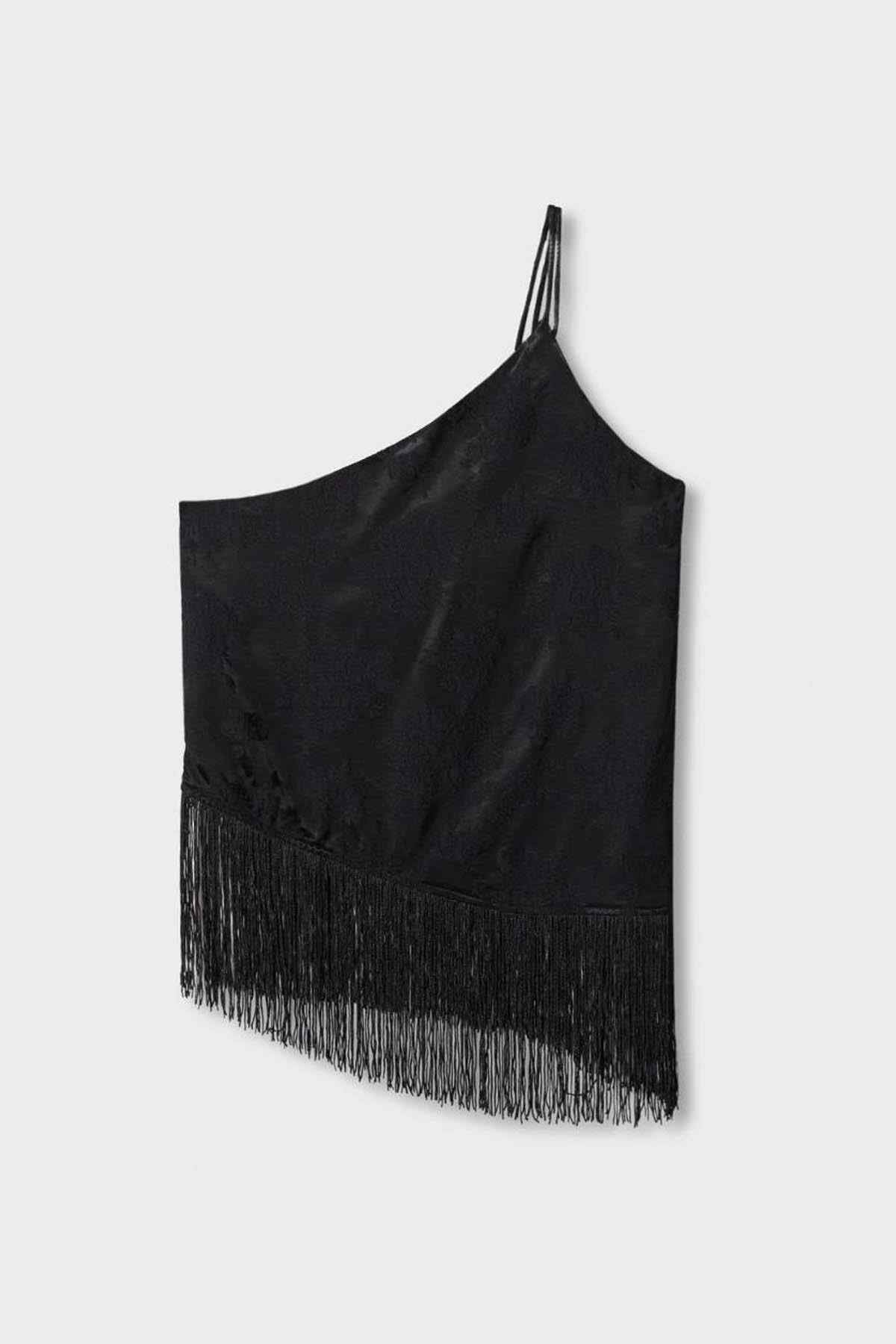 Black one-shoulder fringe top with thin straps, flat lay