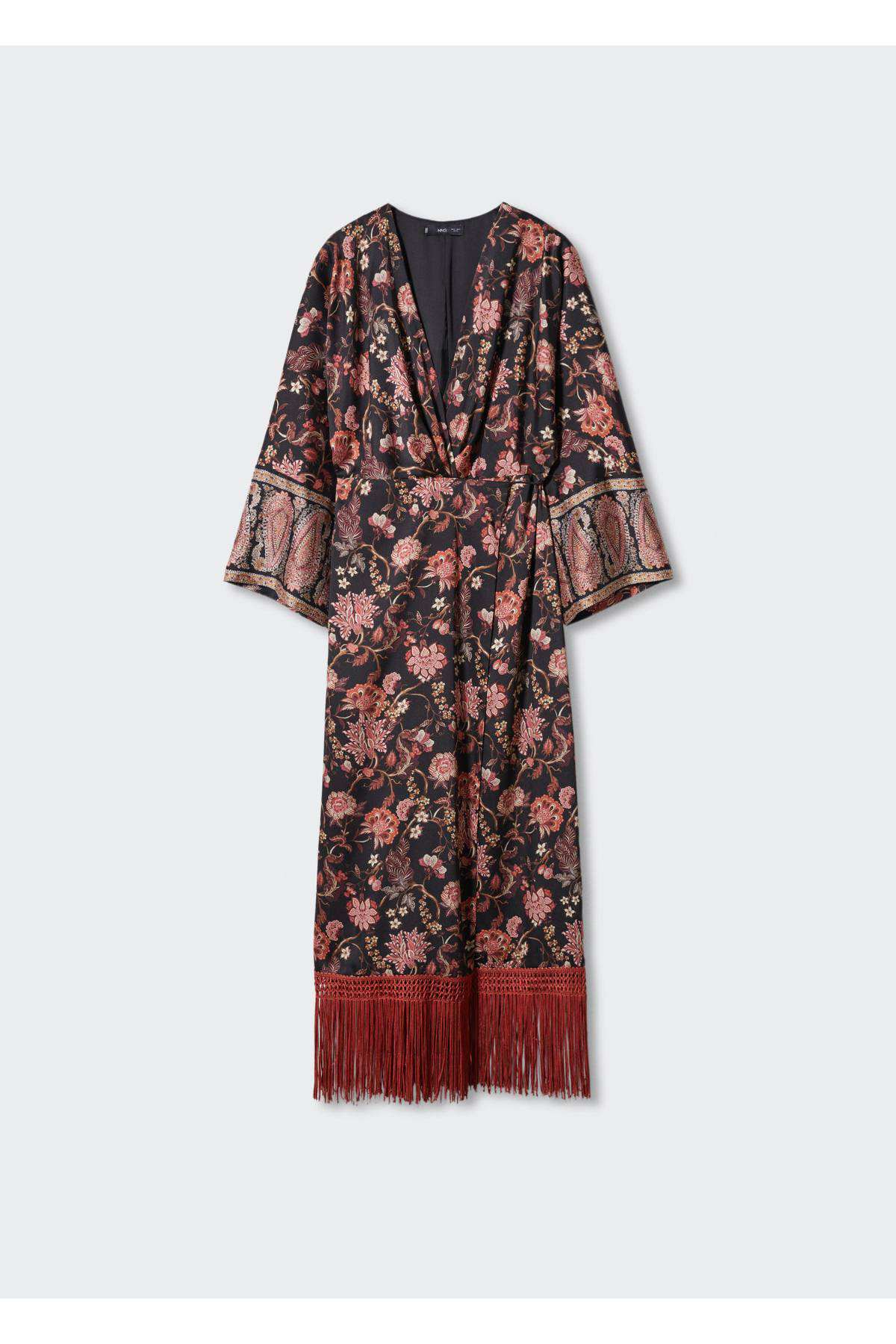 Black floral midi dress, V-neck and tie belt, three-quarter sleeves with fringe