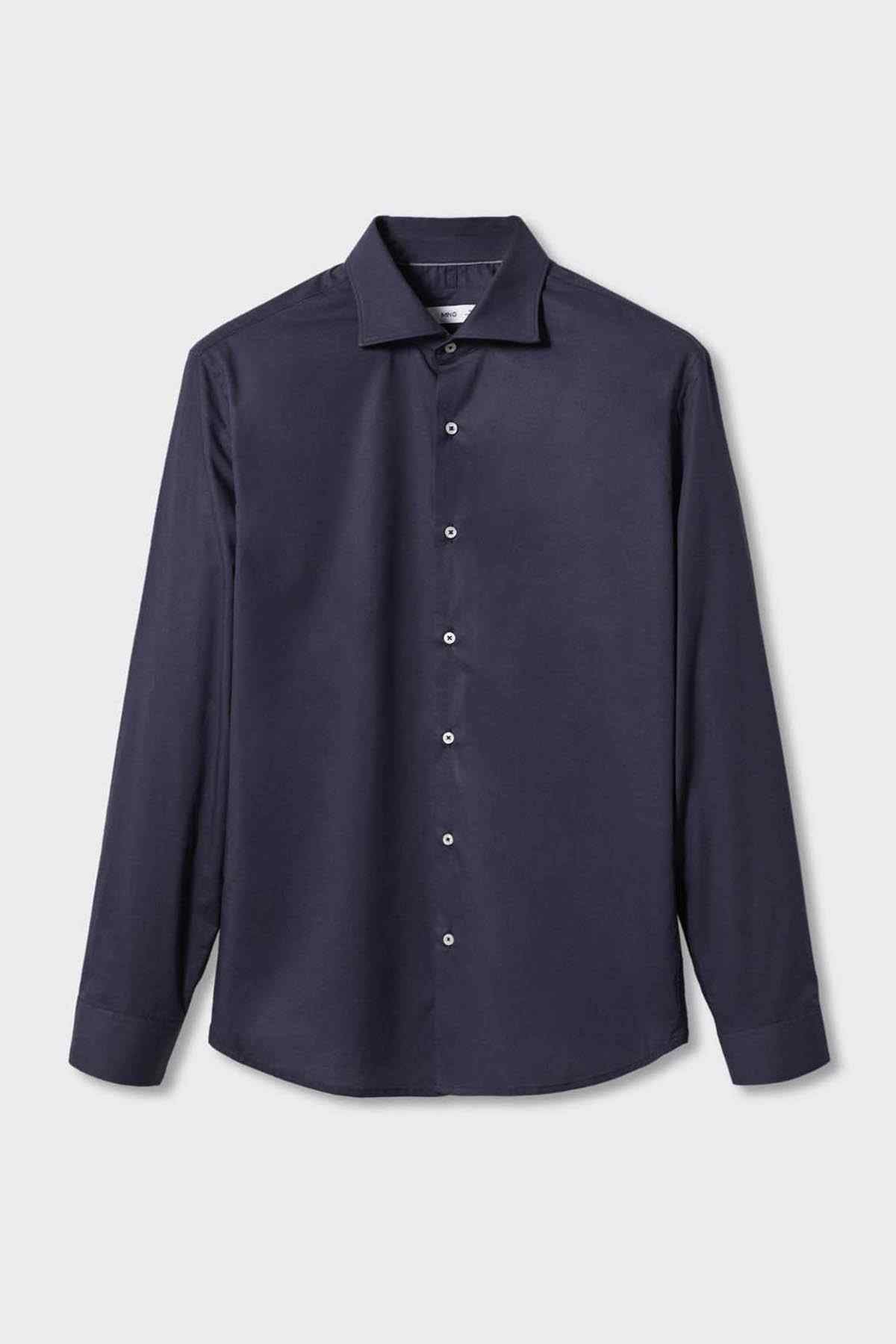 Navy button-up shirt flat lay on hanger, point collar and long sleeves