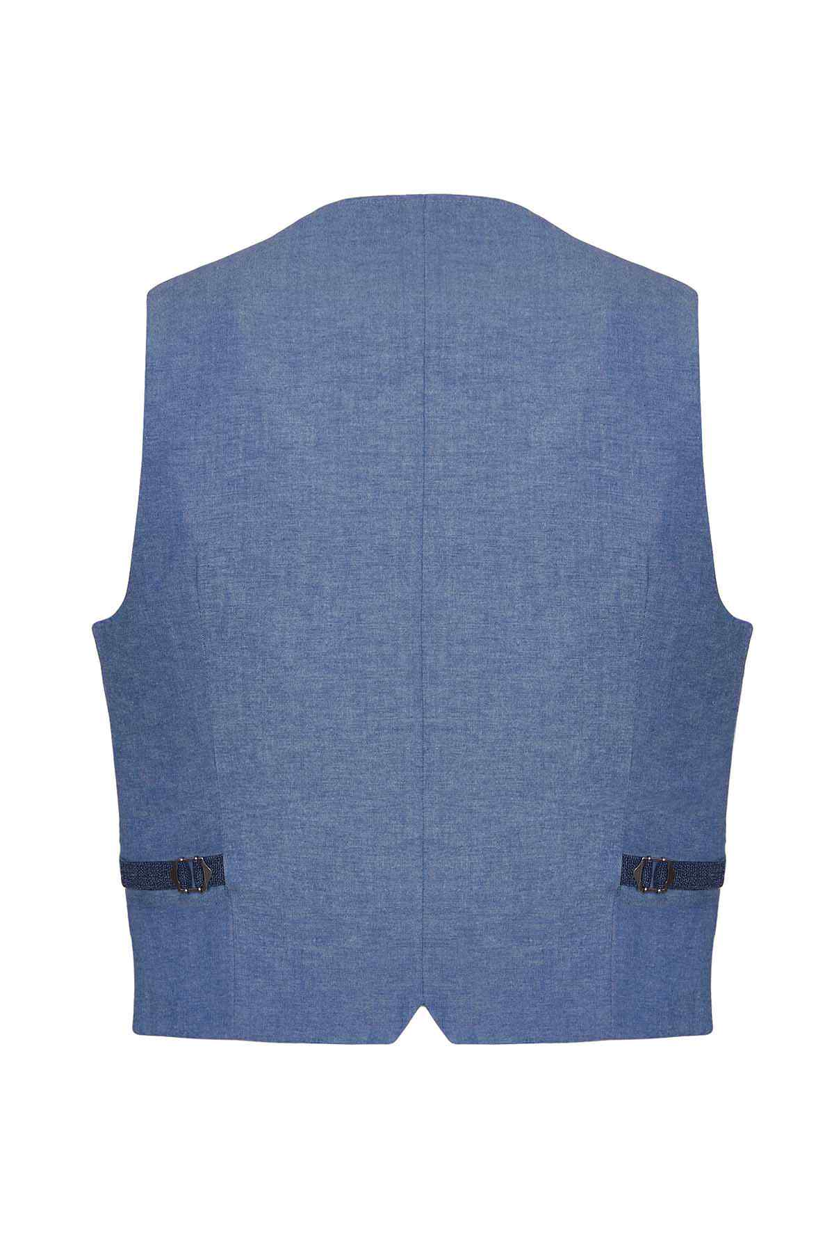Men's blue textured waistcoat back view with V-shaped hem and side button tabs