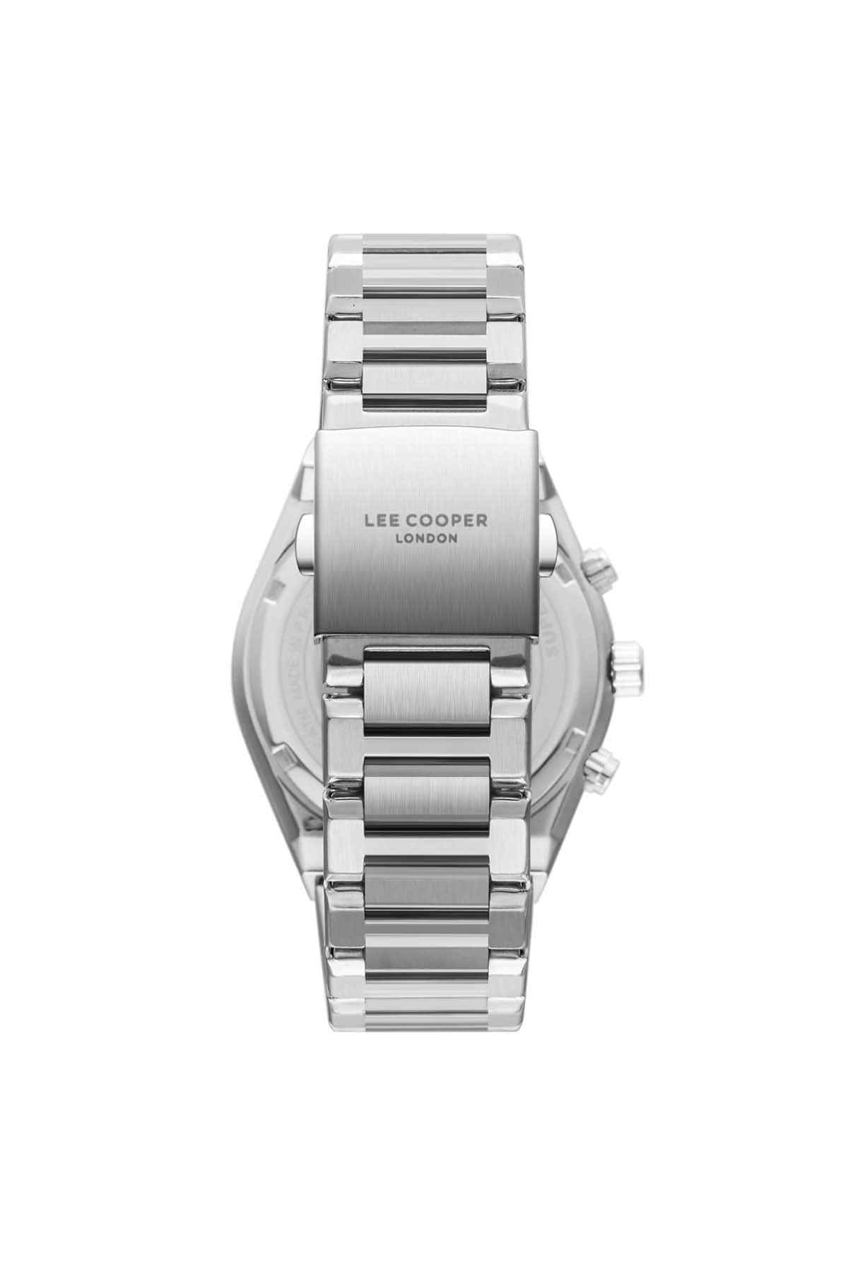 Silver metal wristwatch with engraved case back and linked bracelet