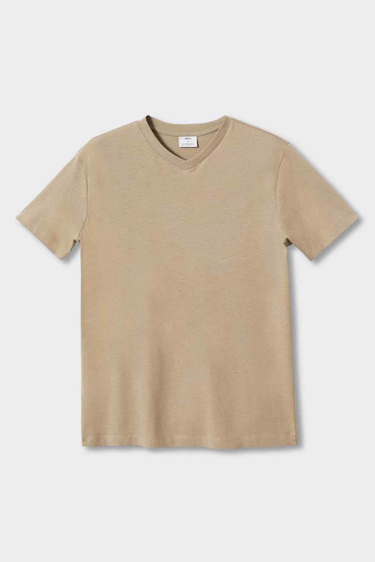 MANGO beige V-neck short-sleeve T-shirt, flat lay front view