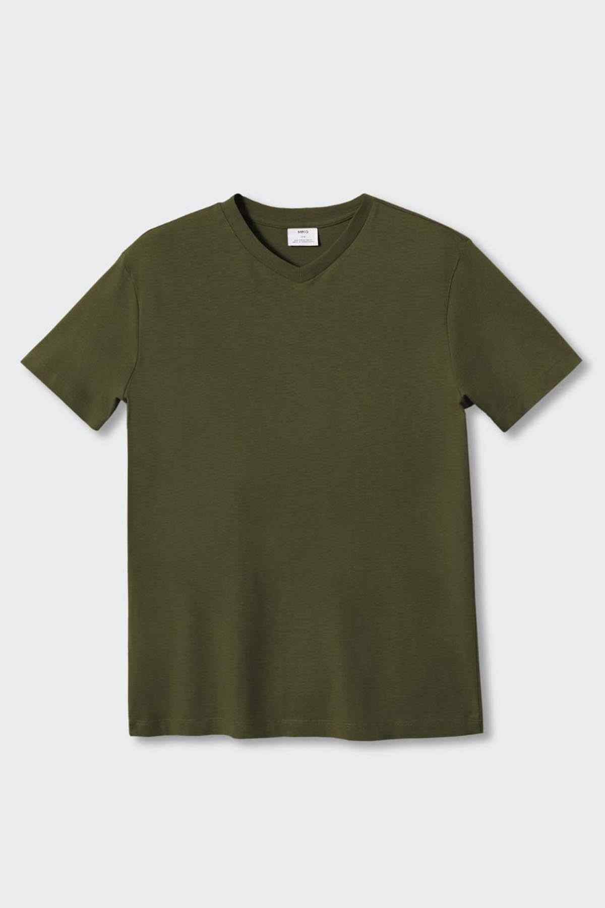 MANGO khaki V-neck T-shirt front view, short sleeves