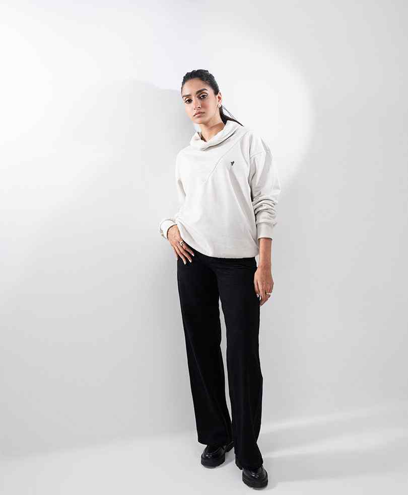 Fitted off-white hoodie with hood and long sleeves, full body view
