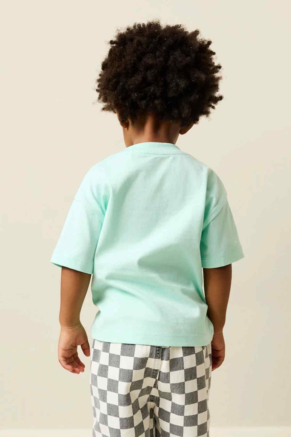 Mint green kids T-shirt, back view with short sleeves