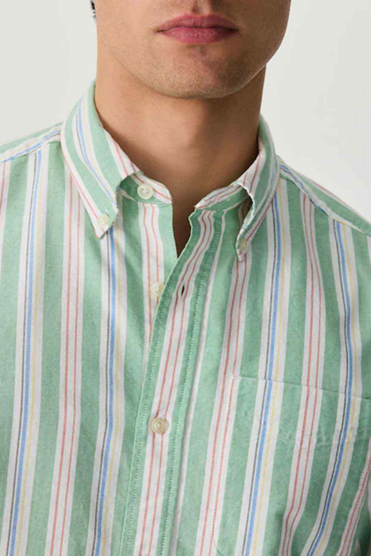 Green striped button-up shirt neckline with buttons