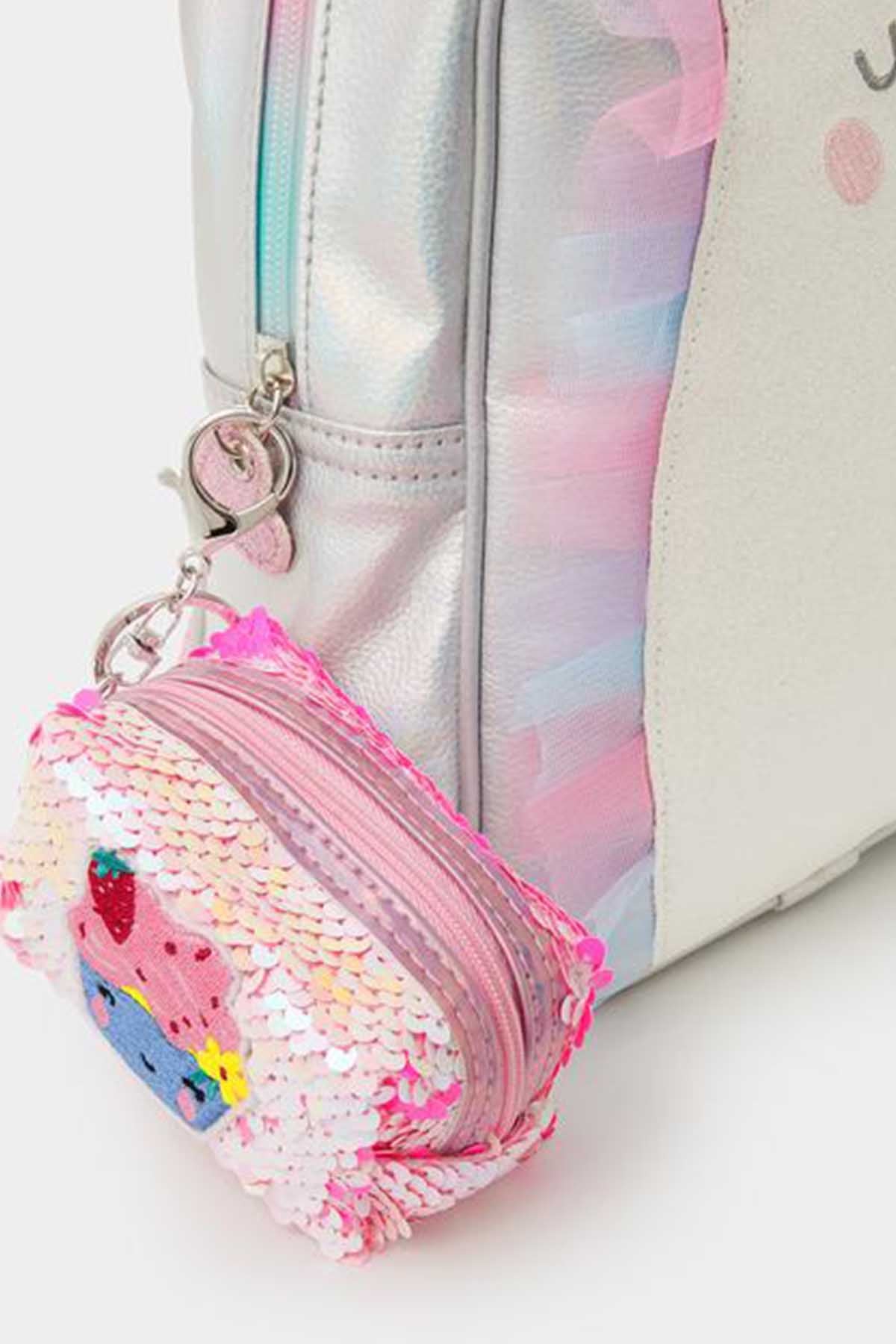 Pastel sequin crossbody bag detail with chain strap, zipper, and charm rings