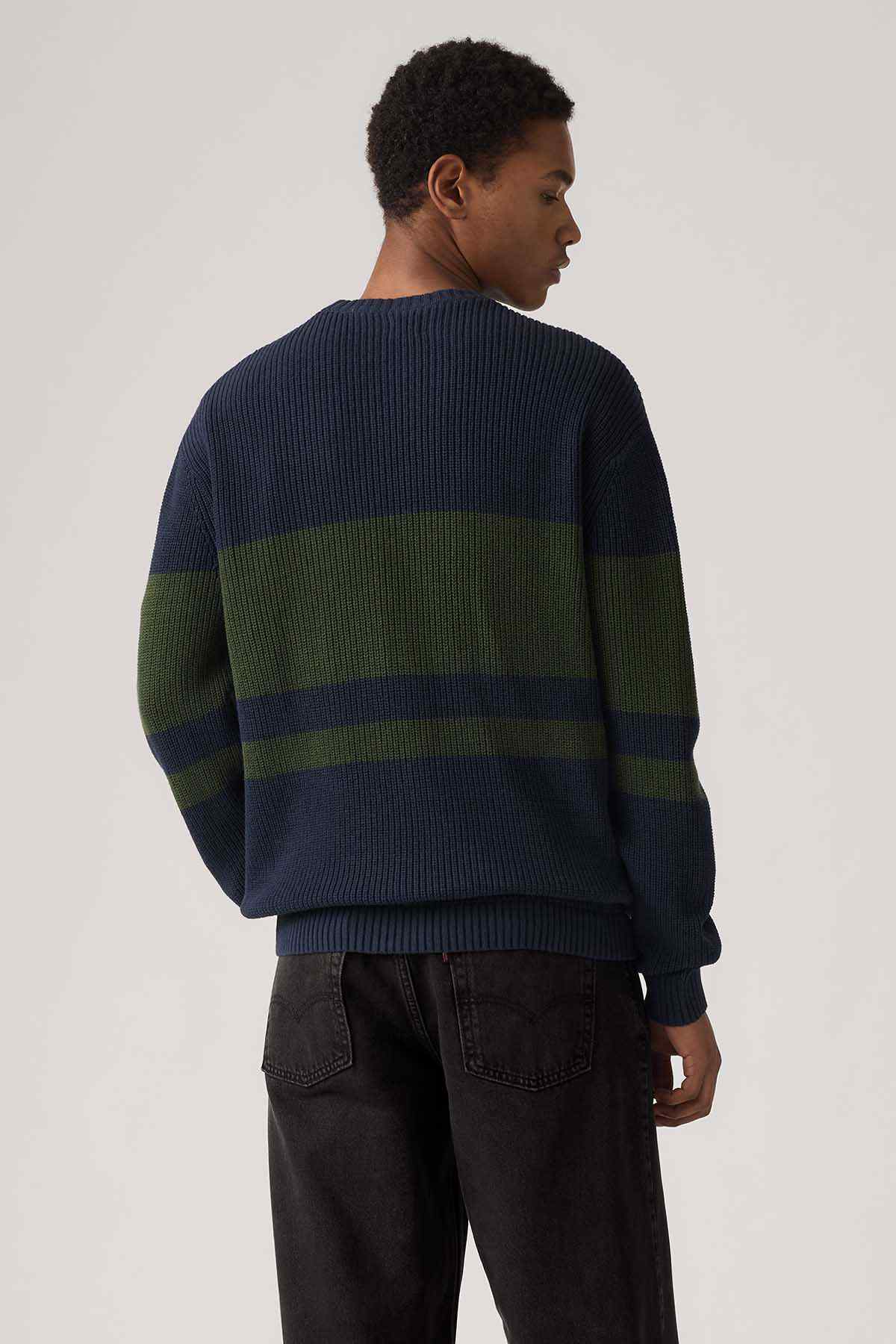 Levi's crewneck knit sweater, back view, navy and green horizontal stripe block