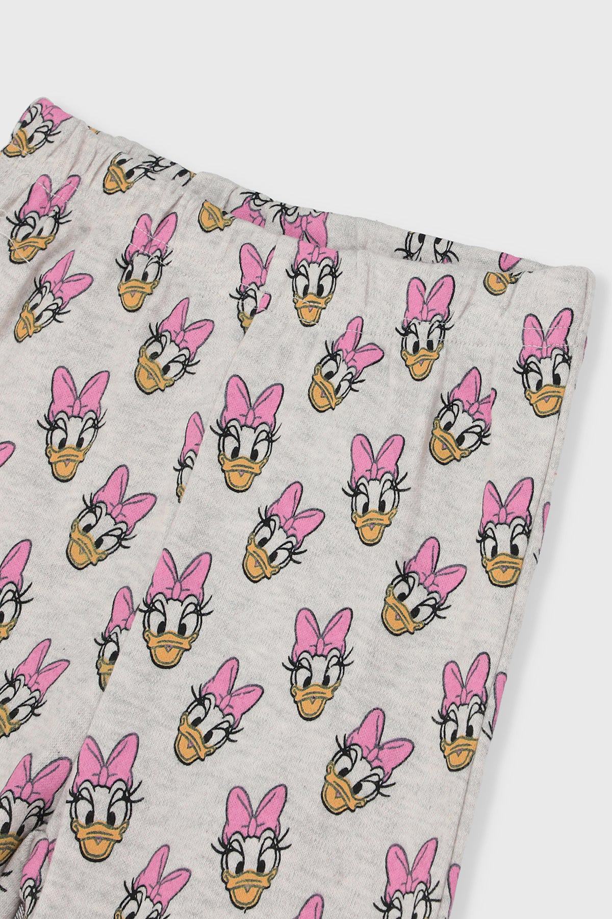 Light gray pajama pants with repeating Daisy Duck head pattern in pink and yellow