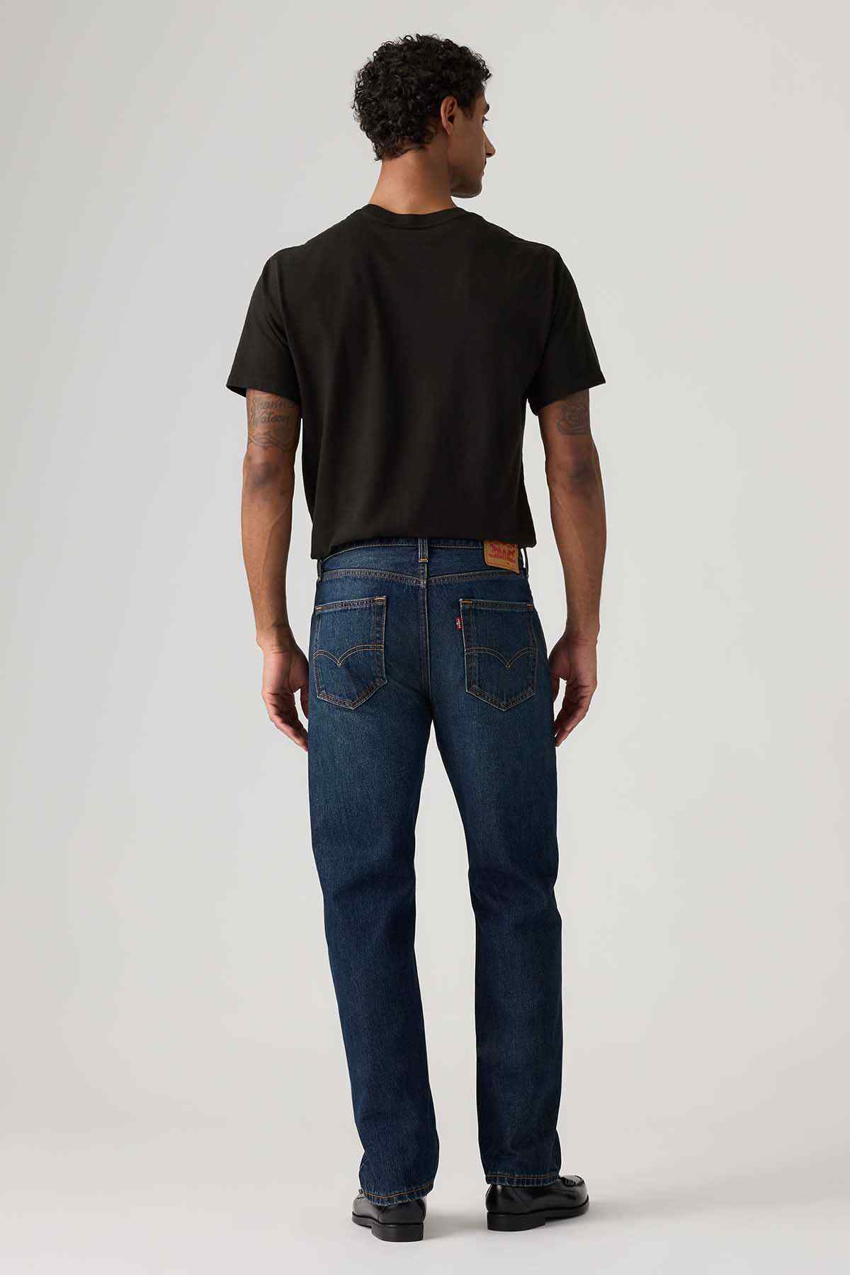 Dark wash jeans back view with straight fit and waistband button closure