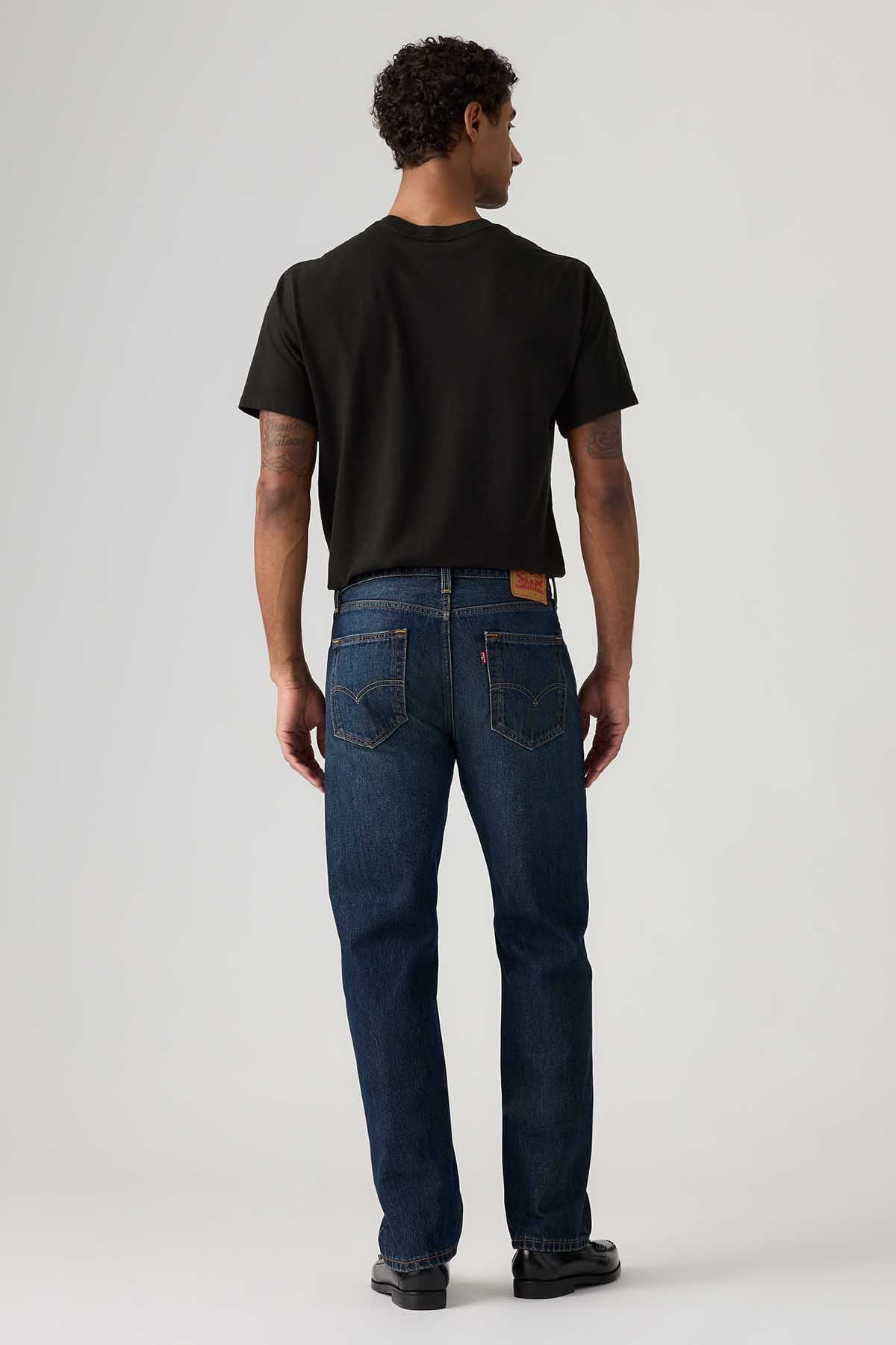 Dark wash jeans back view with straight fit and waistband button closure