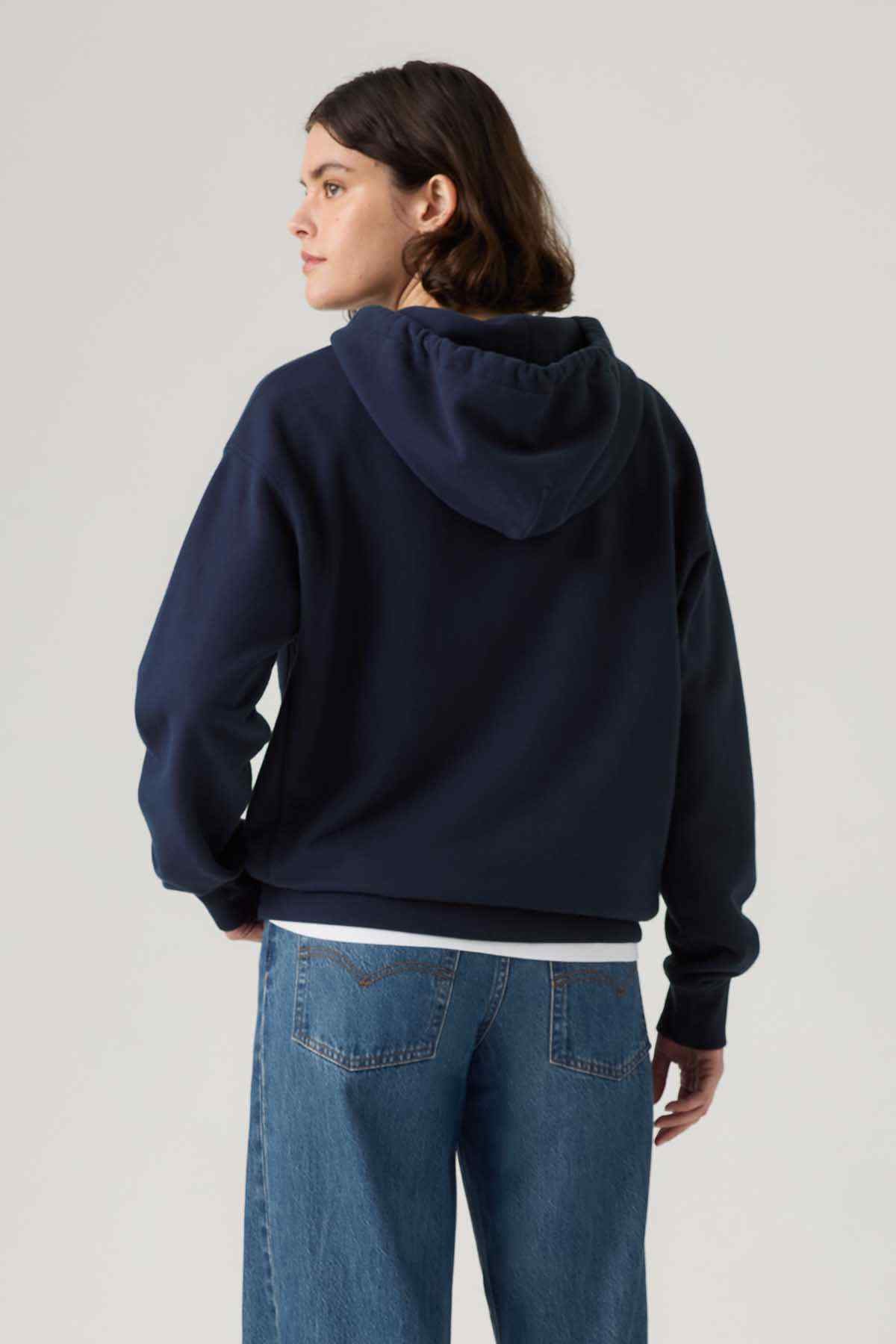 Levi's navy blue hoodie with drawstring hood, rear view, ribbed cuffs