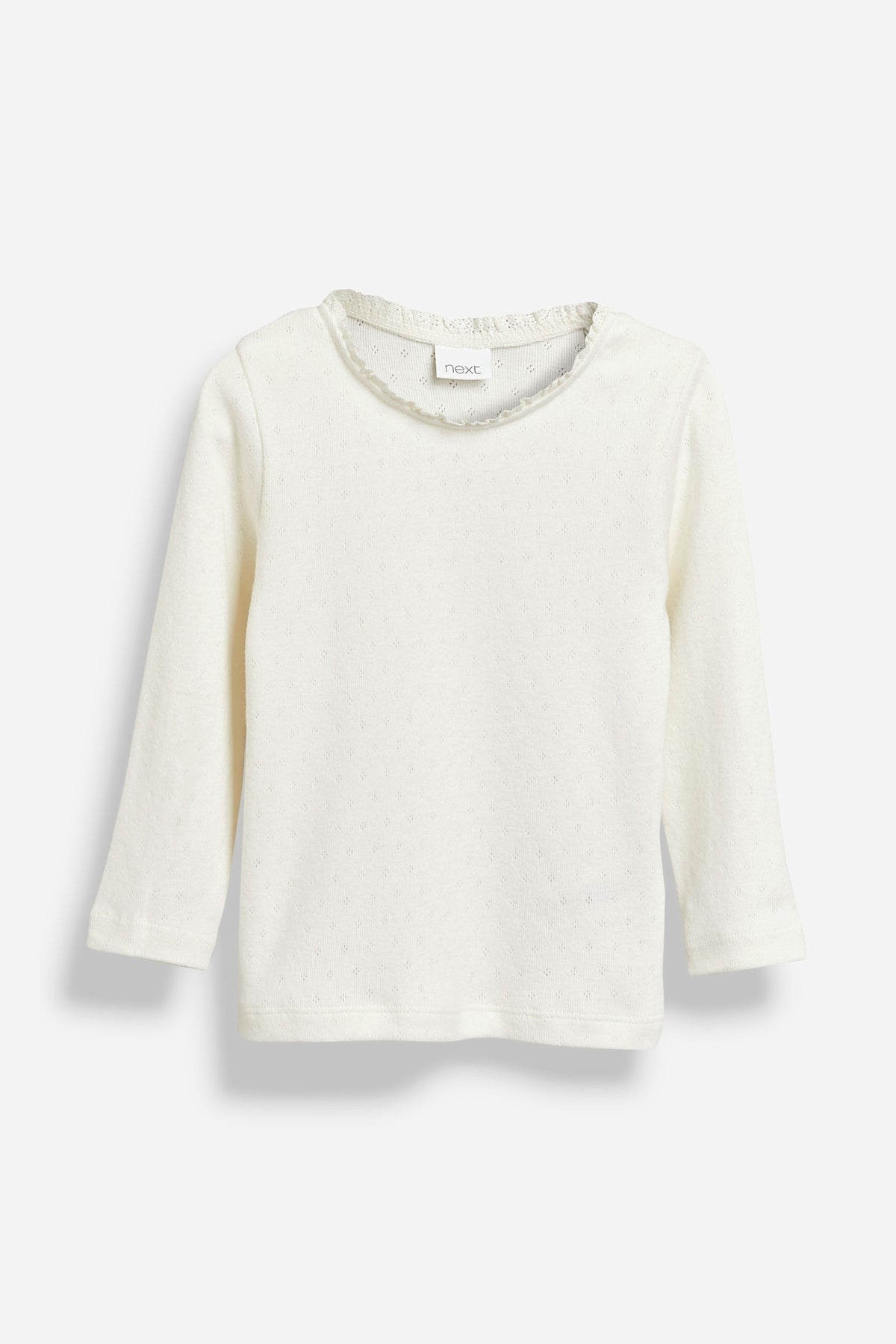 Ecru long-sleeve top with lace-trim round neckline and button-back detail