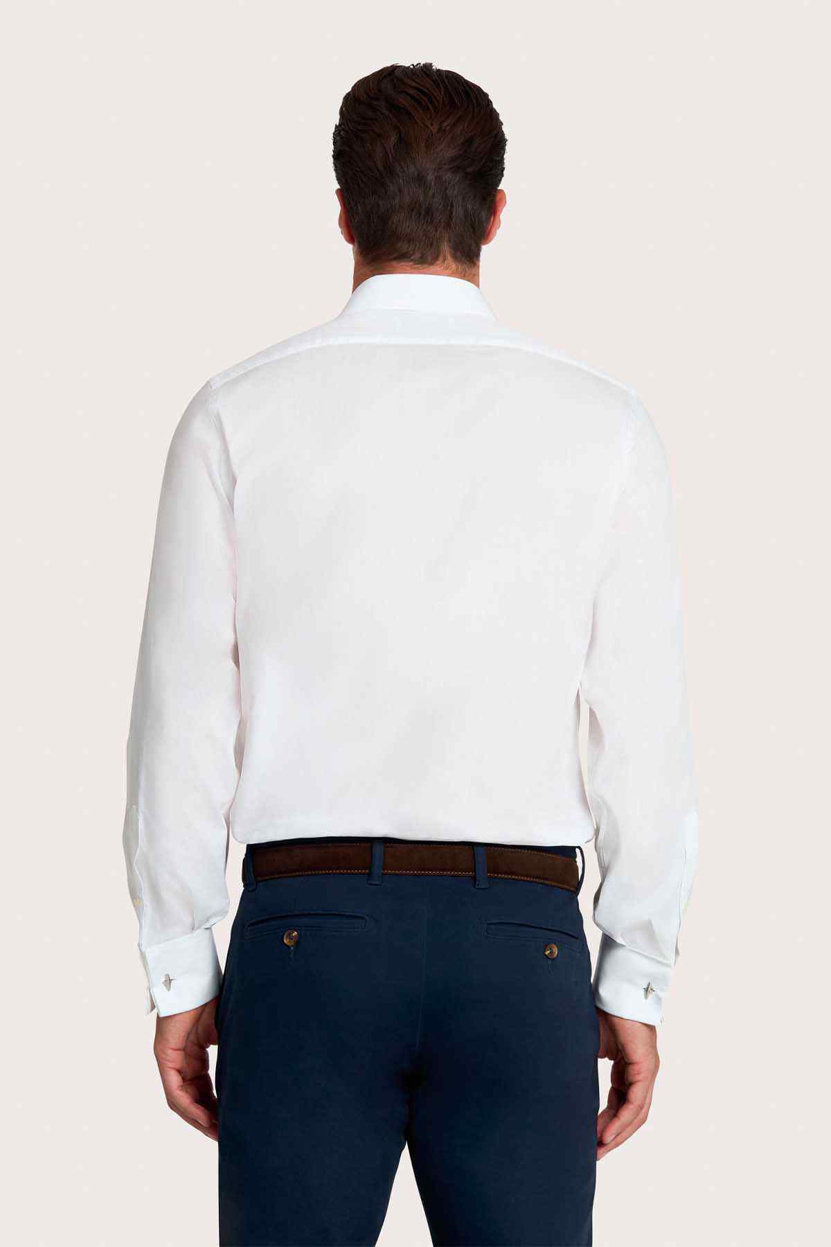 Mens white dress shirt back view with long sleeves and buttoned collar placket.