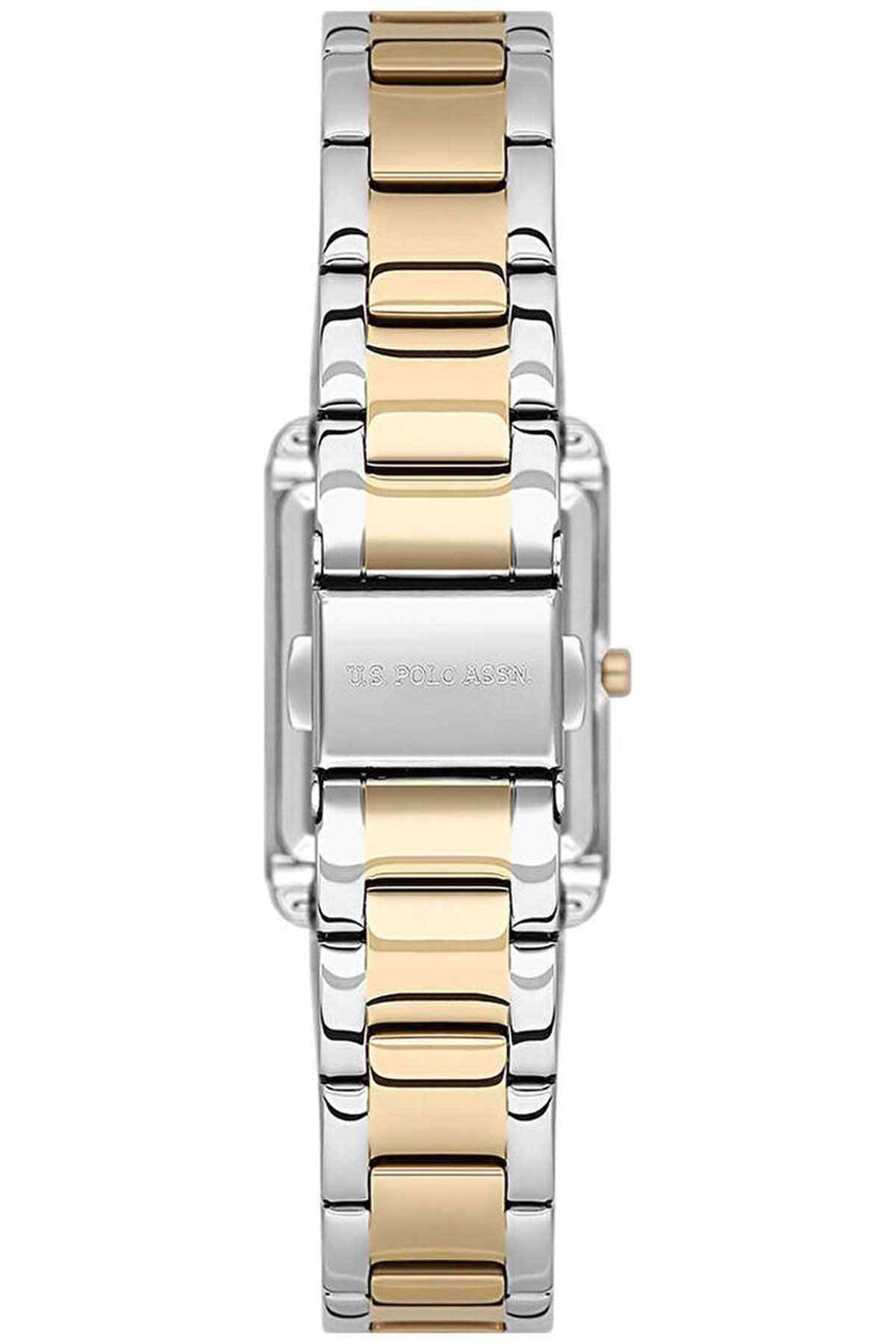 Two-tone metallic grey and gold-tone wristwatch with metal bracelet links close view