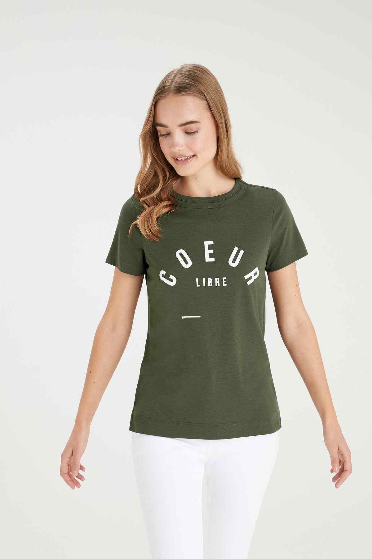 Women’s dark green graphic T-shirt, short sleeves, crew neck, front slogan print