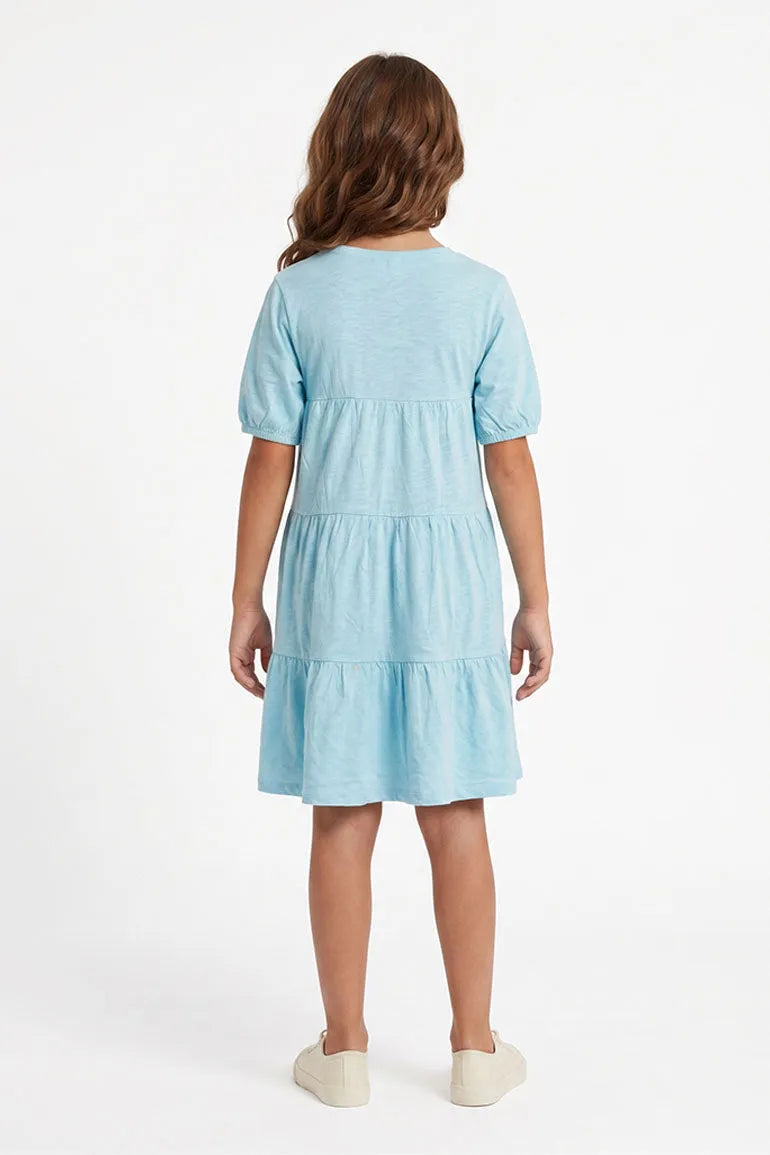 Sky blue girls' tiered short-sleeve dress with three tiers, back view