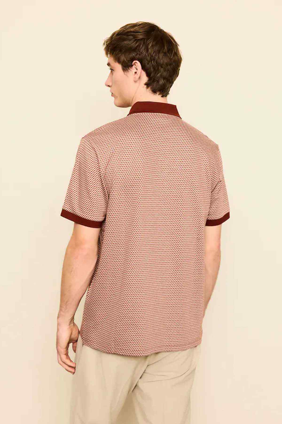 Men's burgundy red textured polo shirt with short sleeves and back view