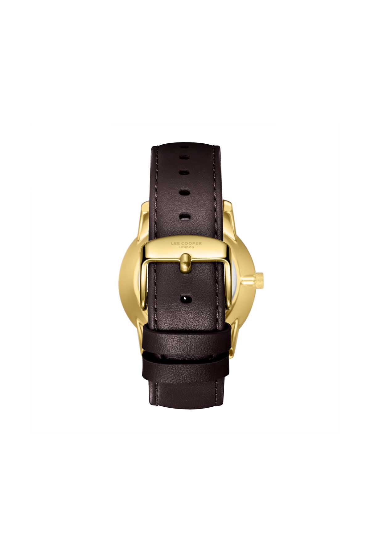 Lee Cooper wrist watch front view with dark brown leather strap and gold clasp.