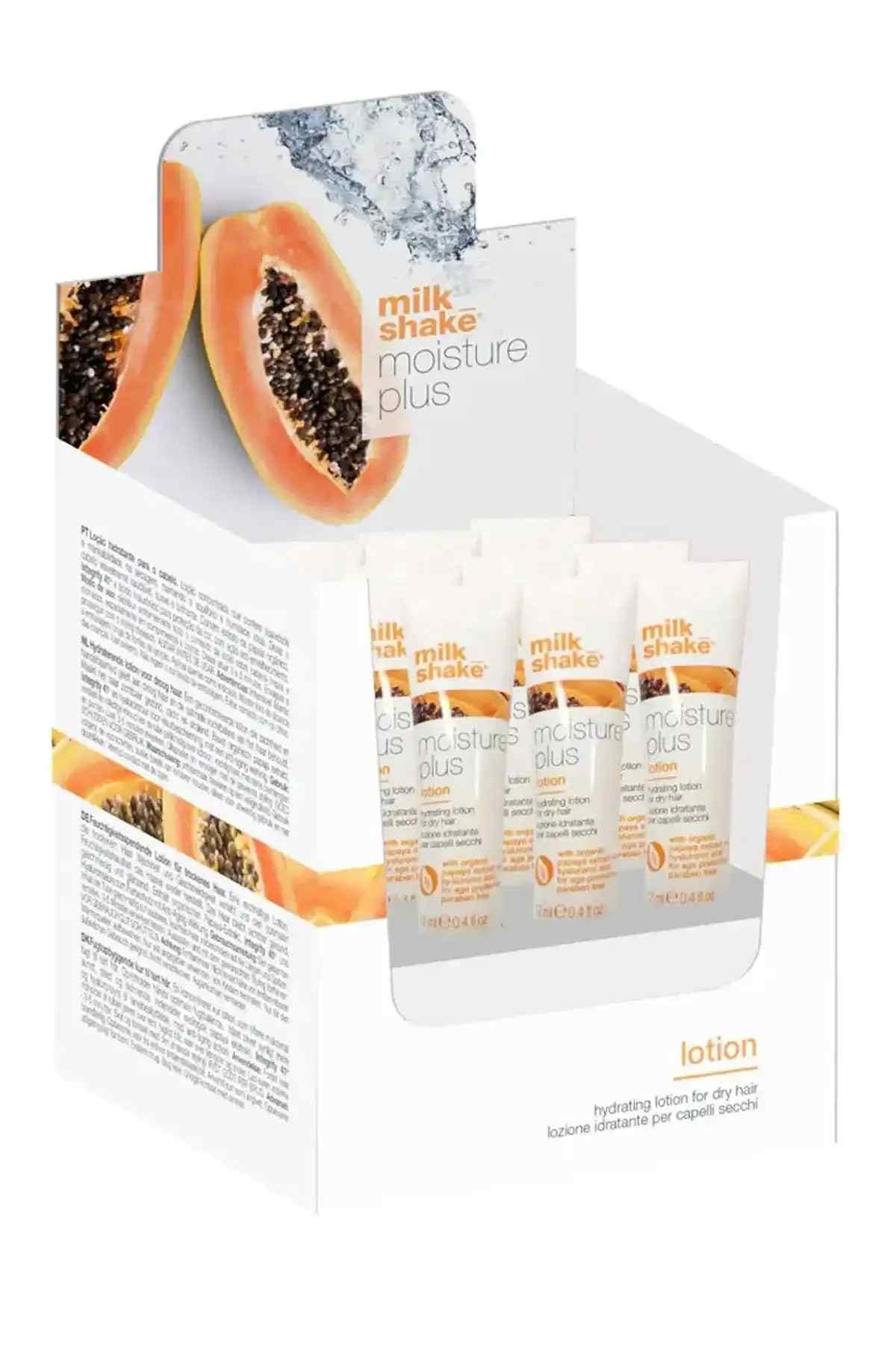 Milk Shake moisture plus lotion boxes and sachets, white with fruit illustration